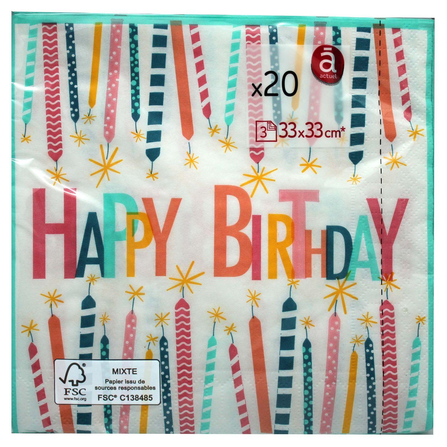 Voir la diapositive 2 : ACTUEL 20 serviettes décorées Happy birthday 33cm 3 plis