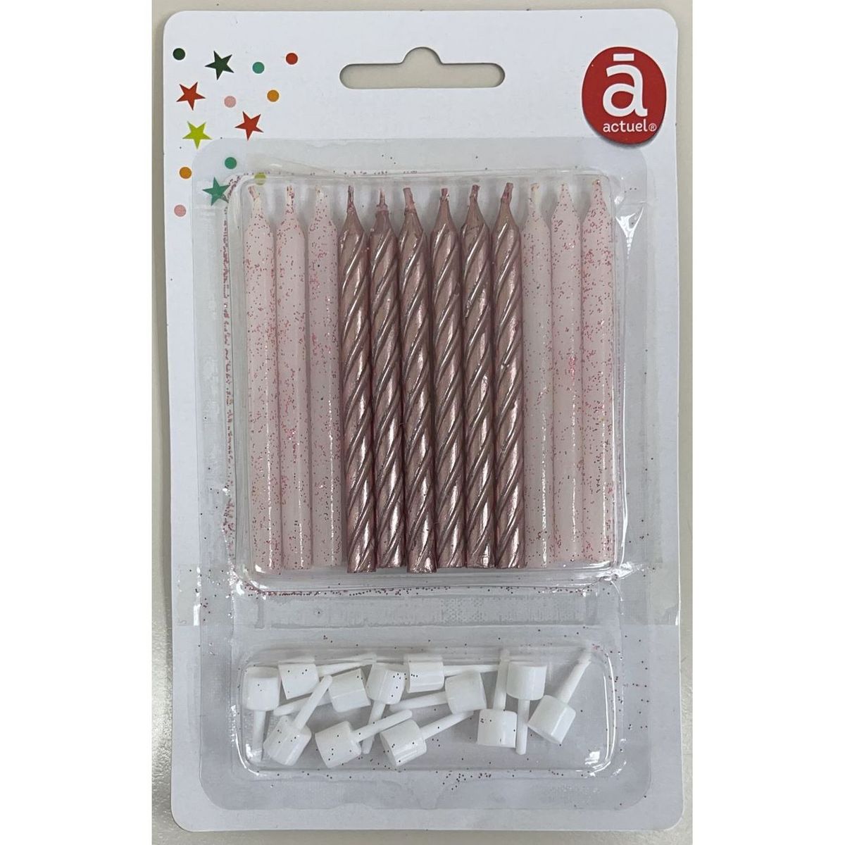 ACTUEL ACT 12 BOUGIES GLITTER 7,5CMCOLORI ASSORTI OR ARGENT ROSE