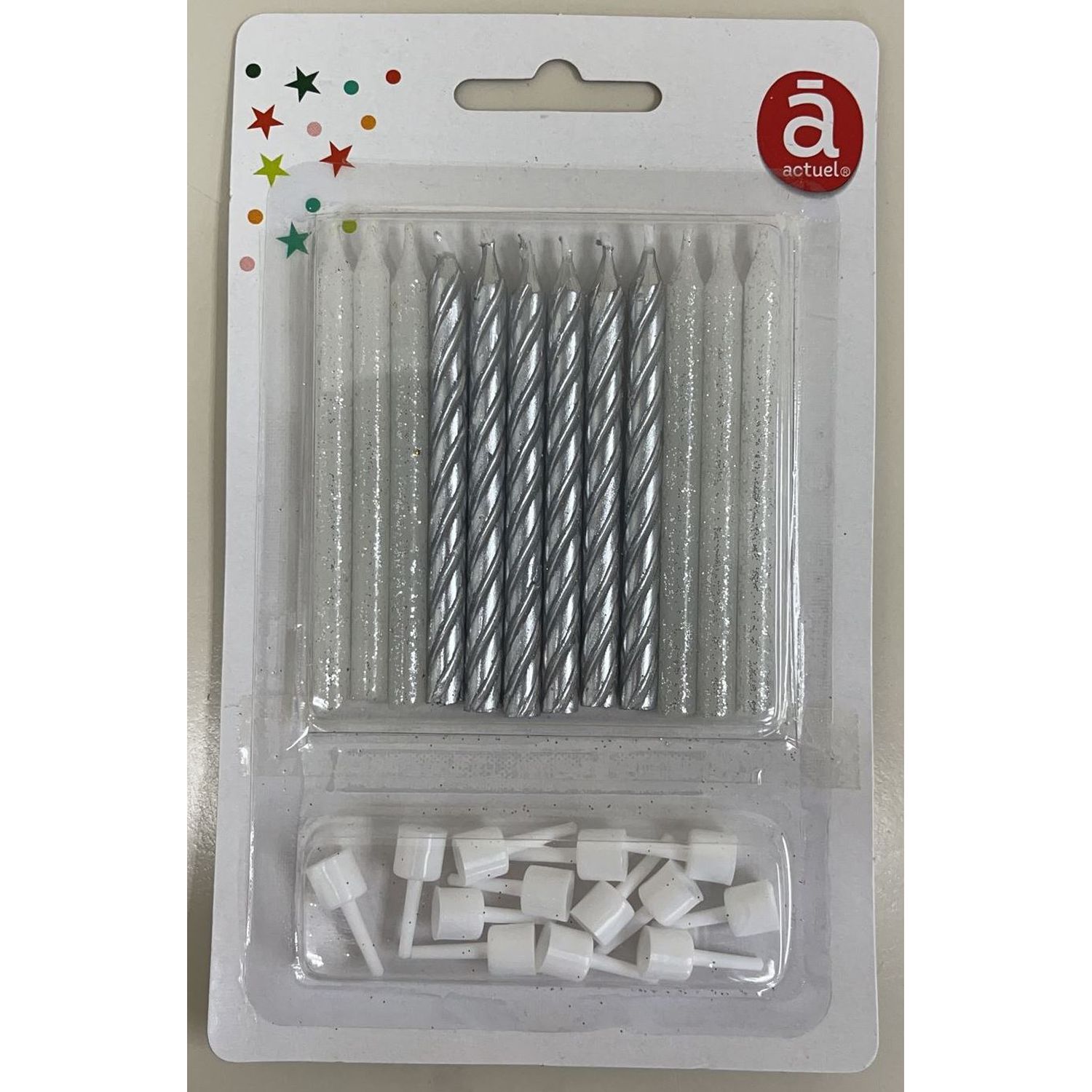 Voir la diapositive 2 : ACTUEL ACT 12 BOUGIES GLITTER 7,5CMCOLORI ASSORTI OR ARGENT ROSE