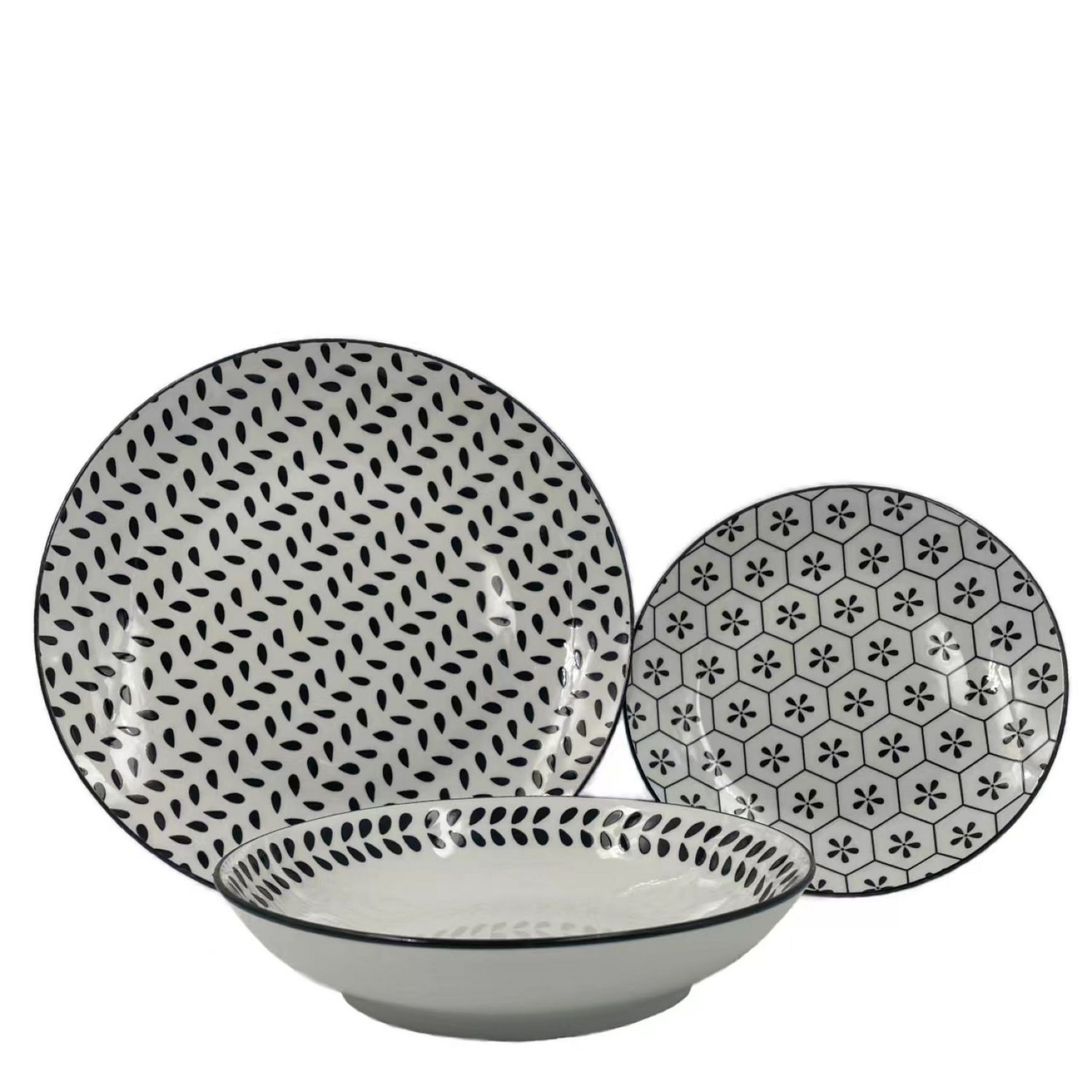 ACTUEL Service d'assiettes 18 pièces porcelaine noir 19 - 20 - 26 cm