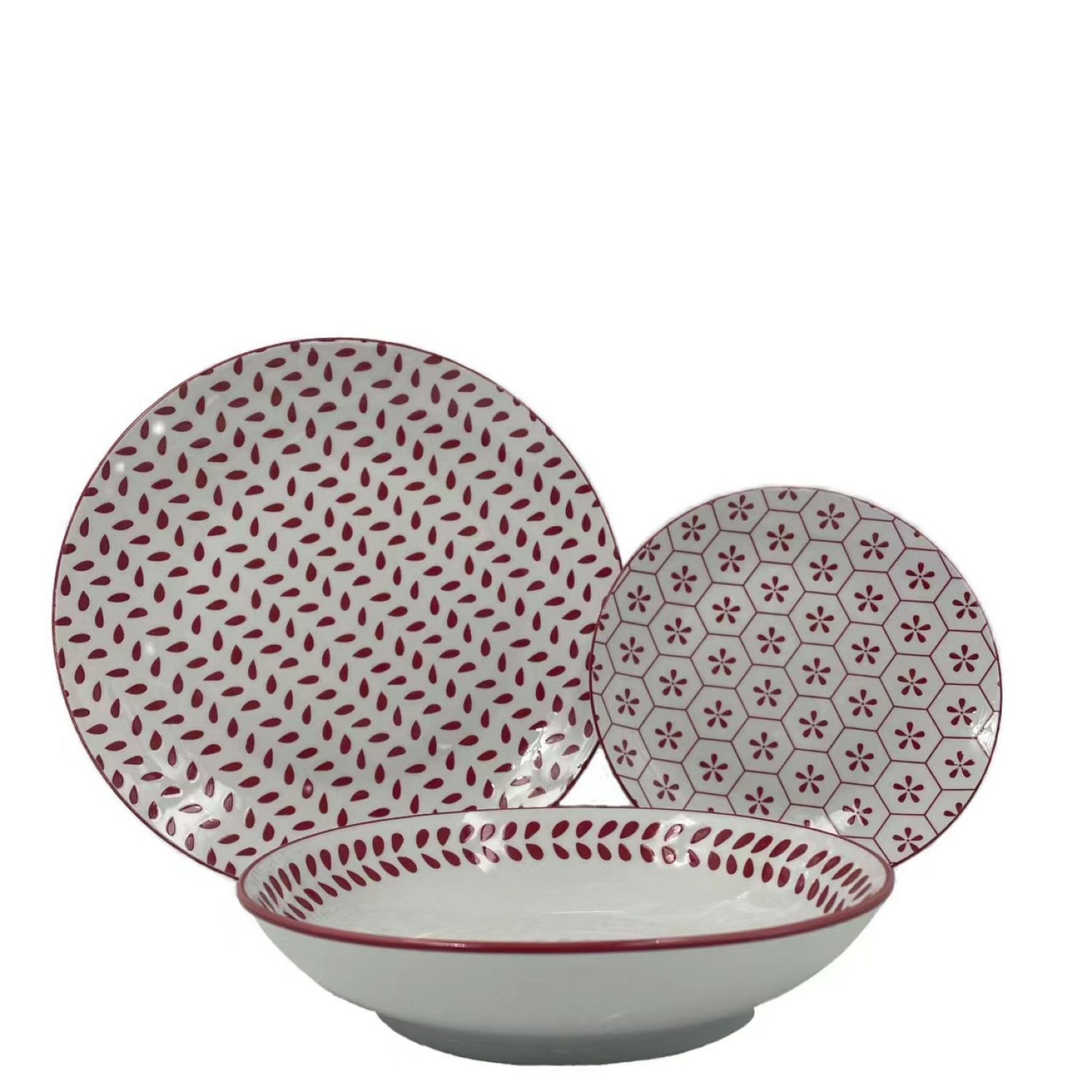 ACTUEL Service d'assiettes 18 pièces porcelaine bordeaux 19 - 20 - 26 cm