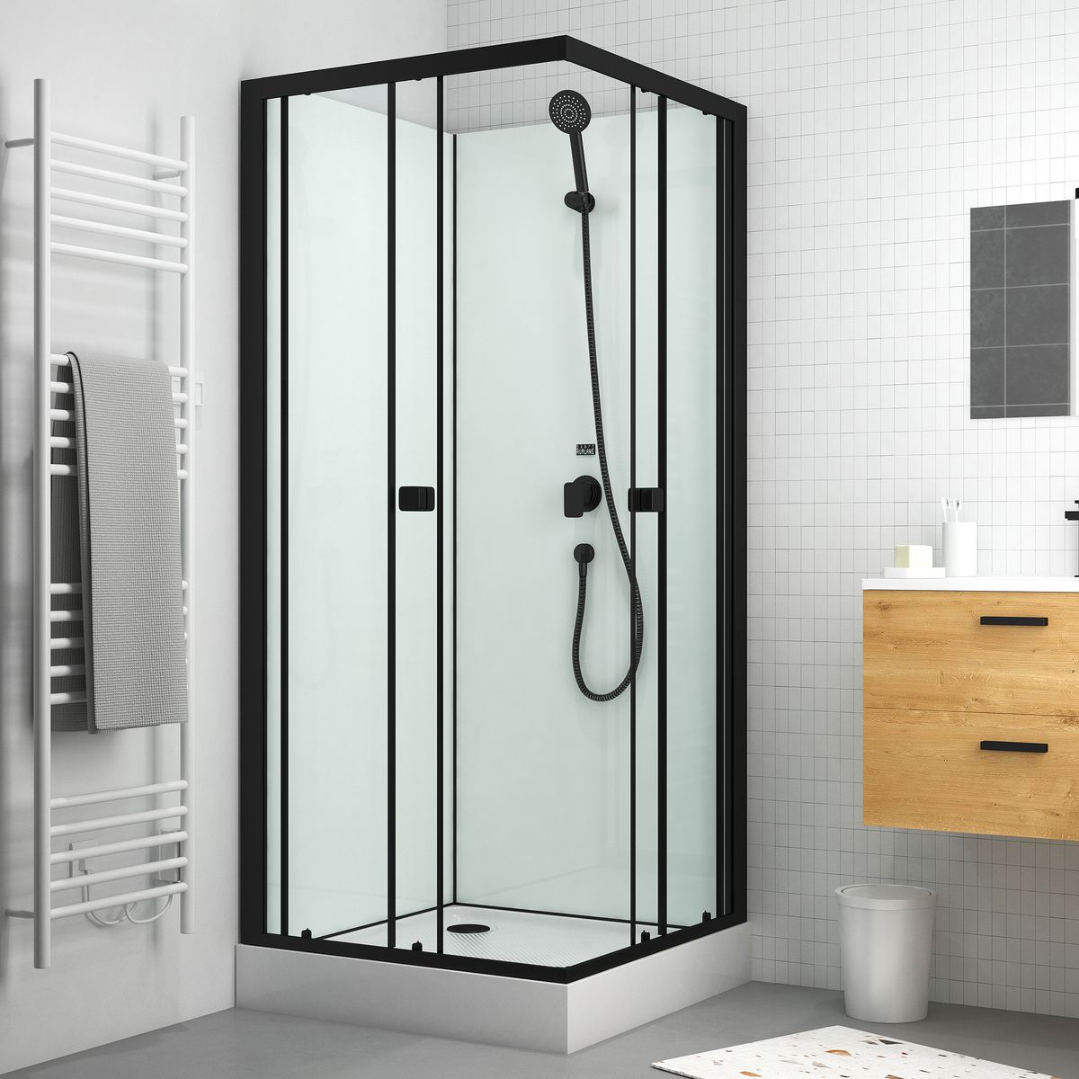 AURLANE Cabine de douche carrée - Aluminium laqué noir - 80x80x200 cm - ESSENTIEL SQUARE