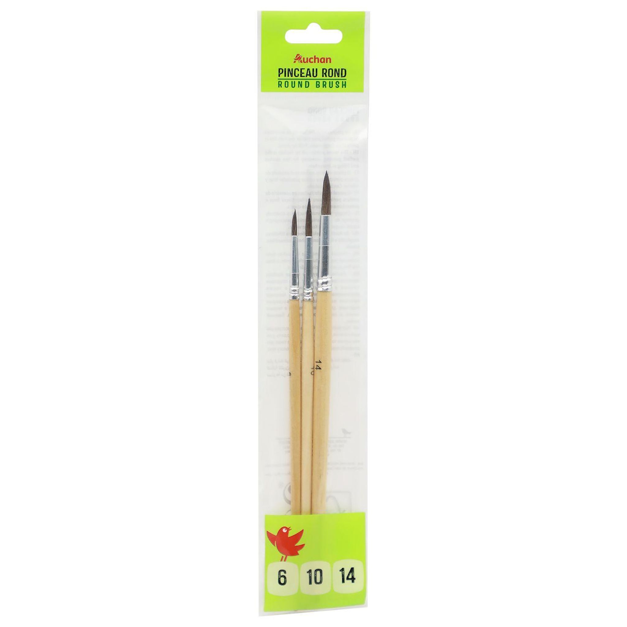 AUCHAN Lot de 3 pinceaux ronds n°6, 10 & 14