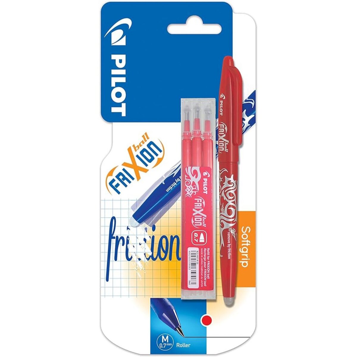 PILOT Lot de 3 recharges pour stylos pointe moyenne 0.7mm effaçable rouge FriXion Ball + 1 stylo pointe moyenne 0.7mm rouge FriXion Ball