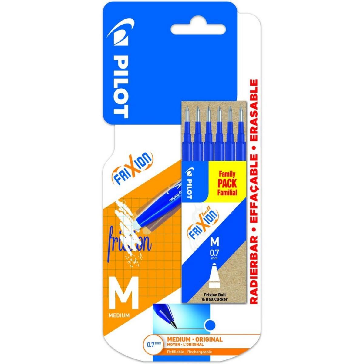 PILOT Lot de 6 recharges pour roller effaçable pointe moyenne FriXion Ball / Clicker bleu