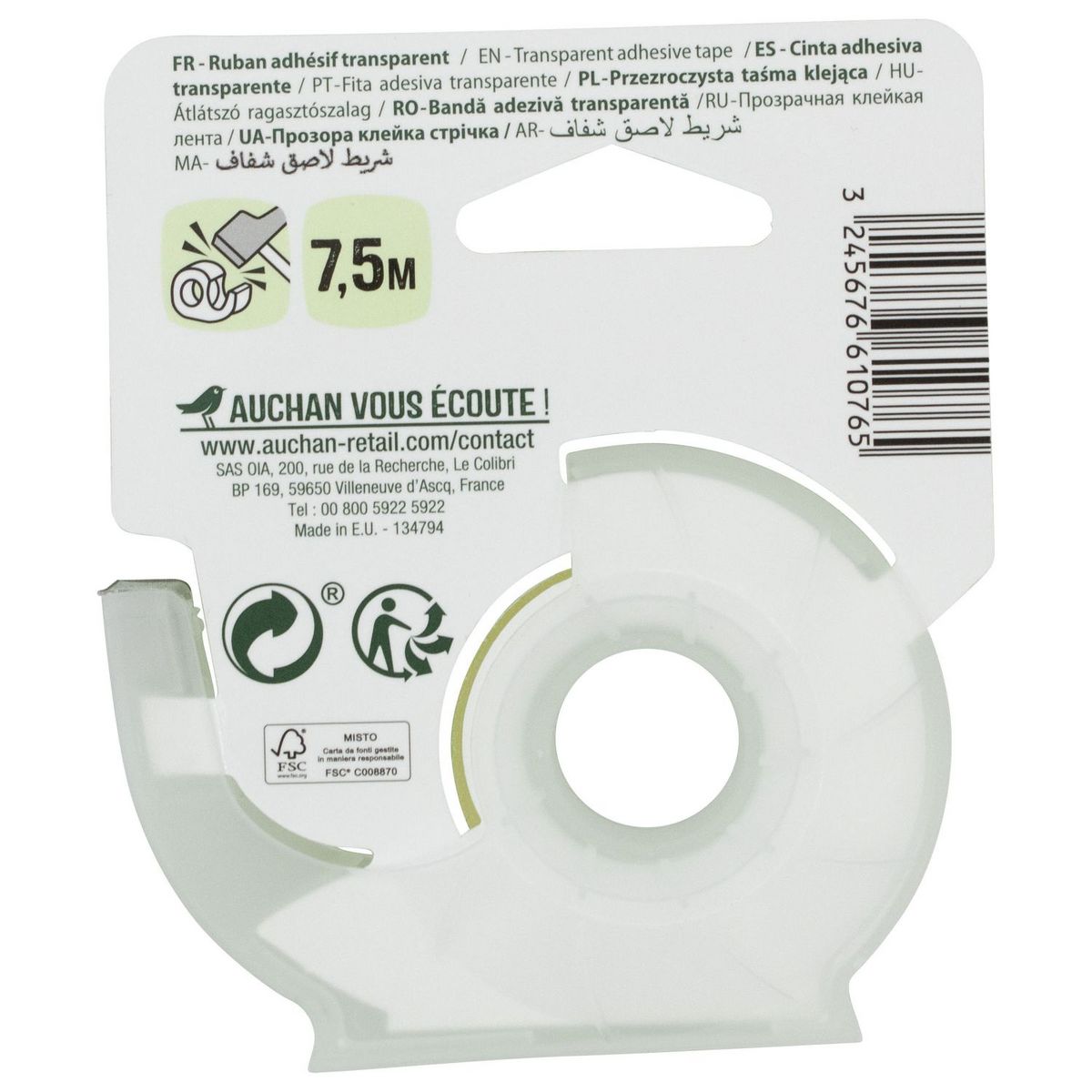 AUCHAN Rouleau ruban adhésif 7,5m transparent avec dévidoir blanc