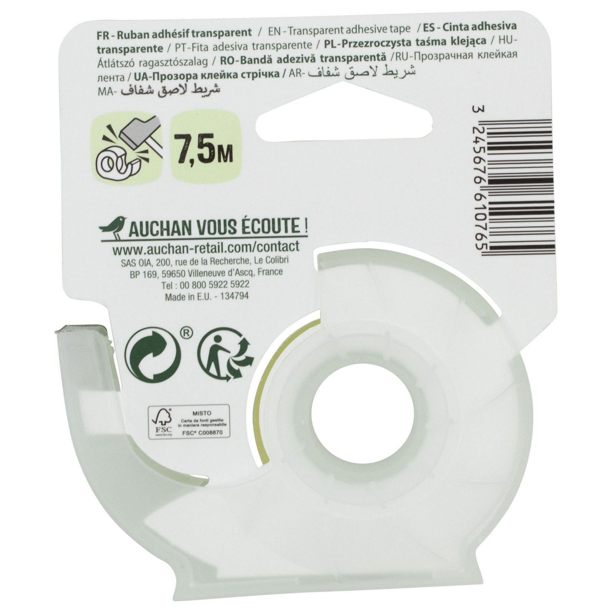 Voir la diapositive 2 : AUCHAN Rouleau ruban adhésif 7,5m transparent avec dévidoir blanc