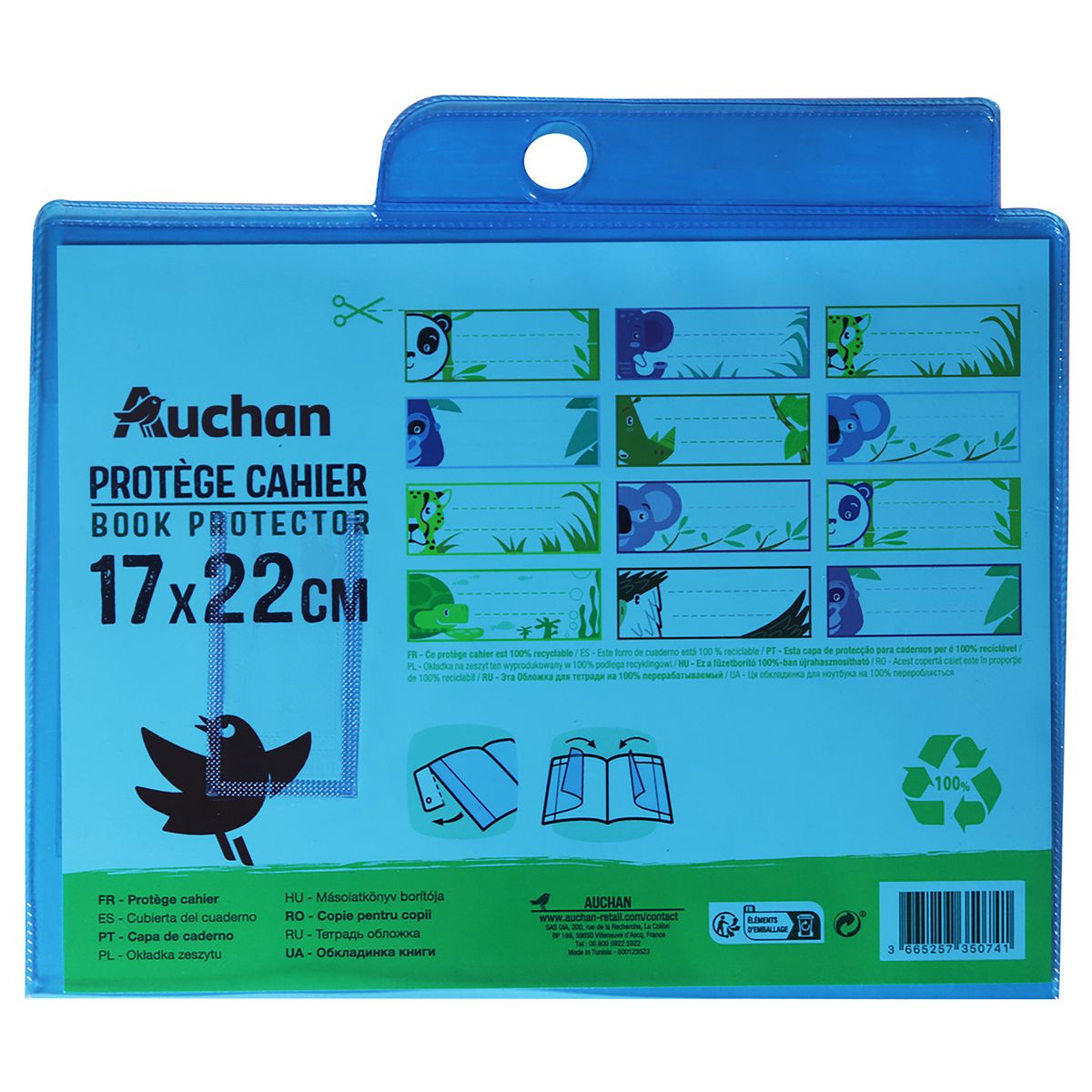 AUCHAN Protège cahiers 17x22cm à rabats cristal bleu translucide