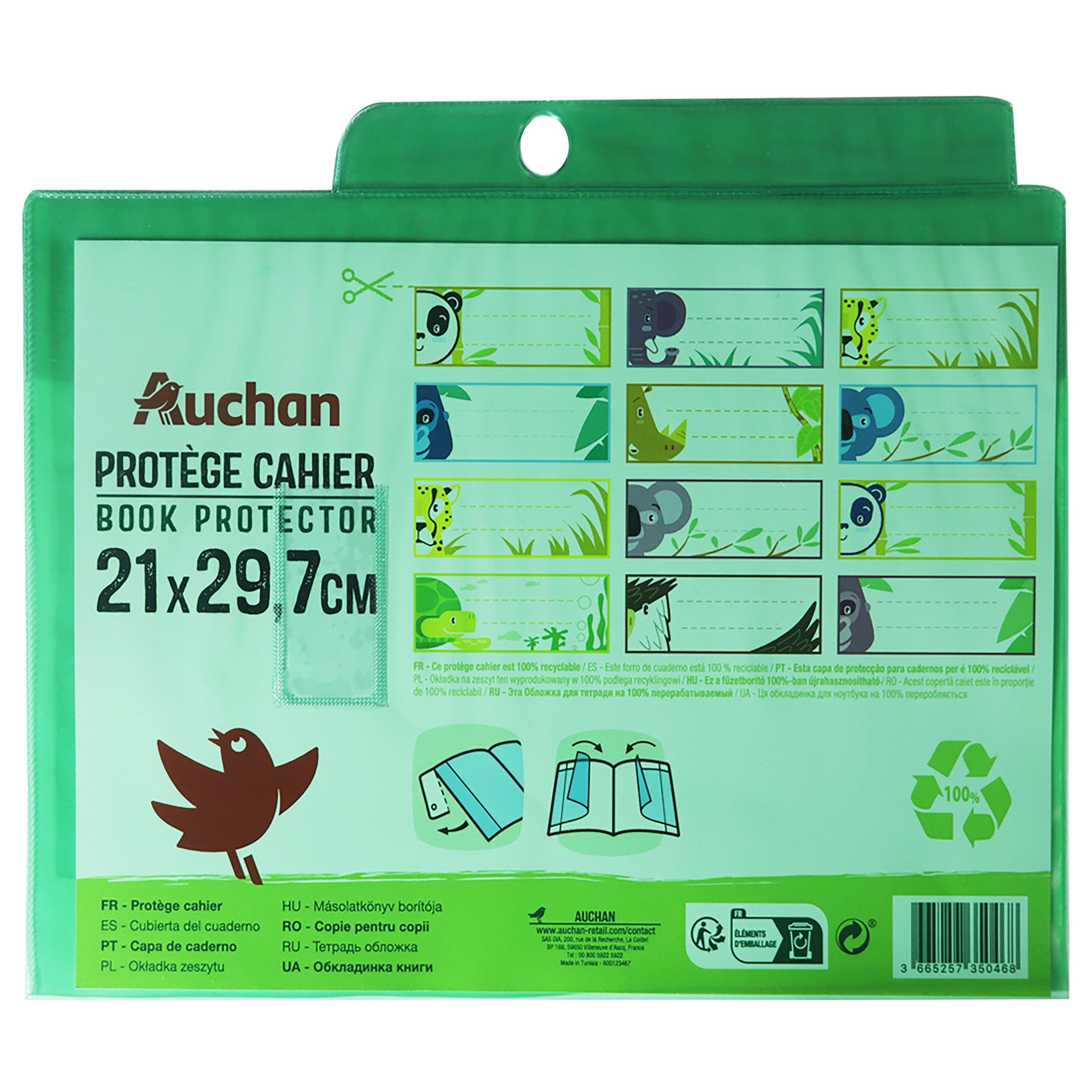 AUCHAN Protège cahiers 21x29,7cm à rabats cristal vert translucide