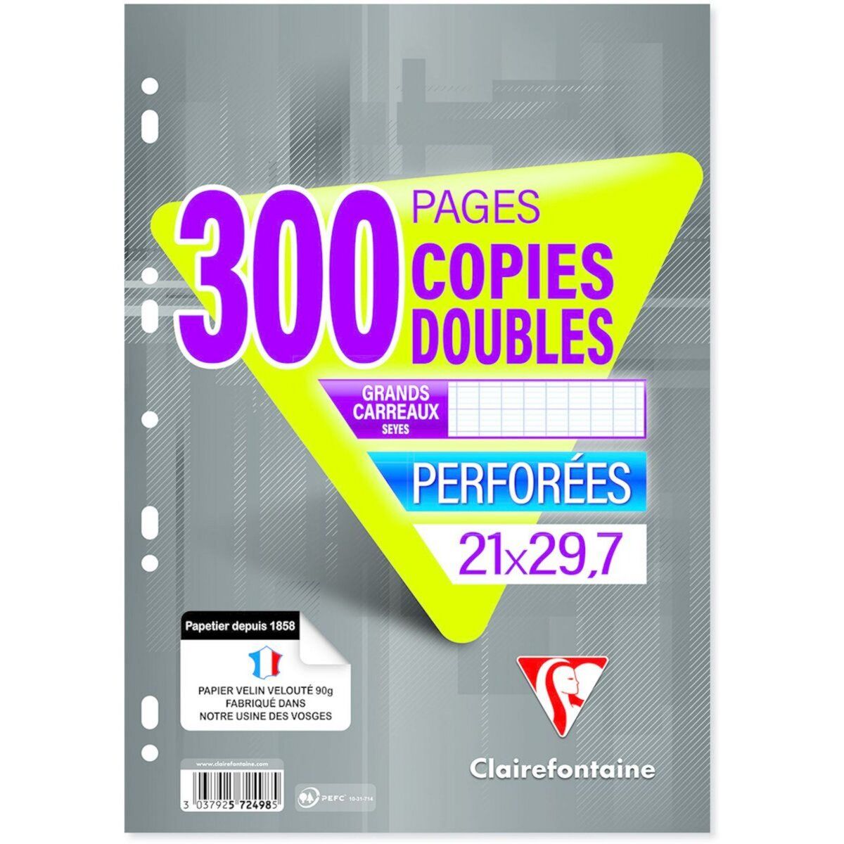 CLAIREFONTAINE Copies doubles 300 pages perforées 21x29,7cm grand carreaux Seyes