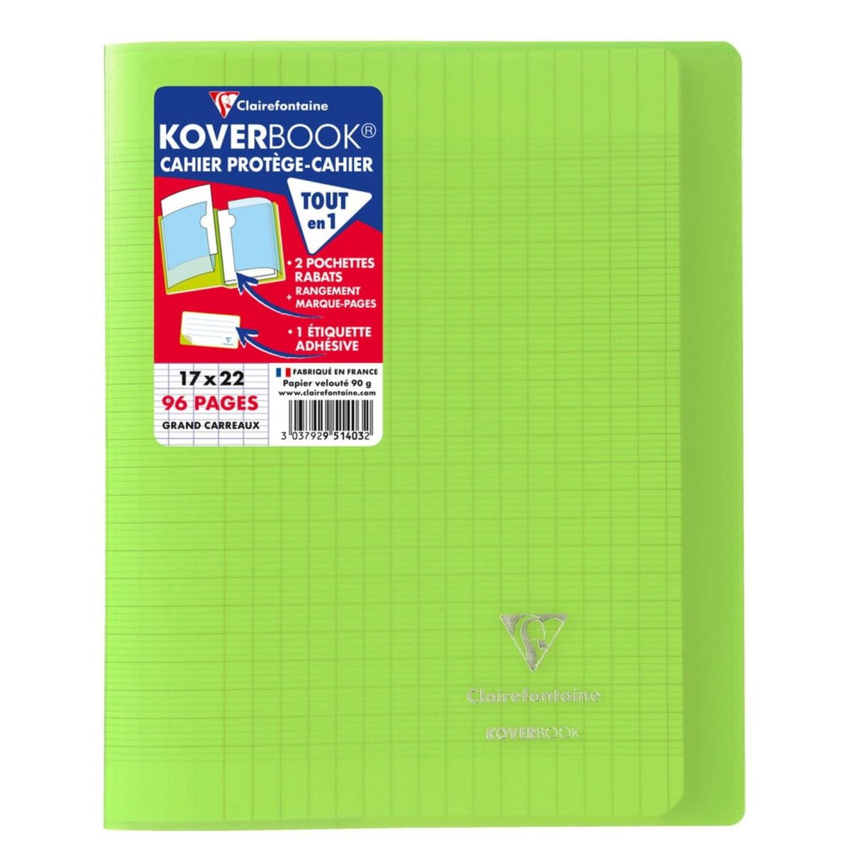 CLAIREFONTAINE Cahier piqué polypro Koverbook 17x22cm 96 pages grands carreaux Seyes vert transparent