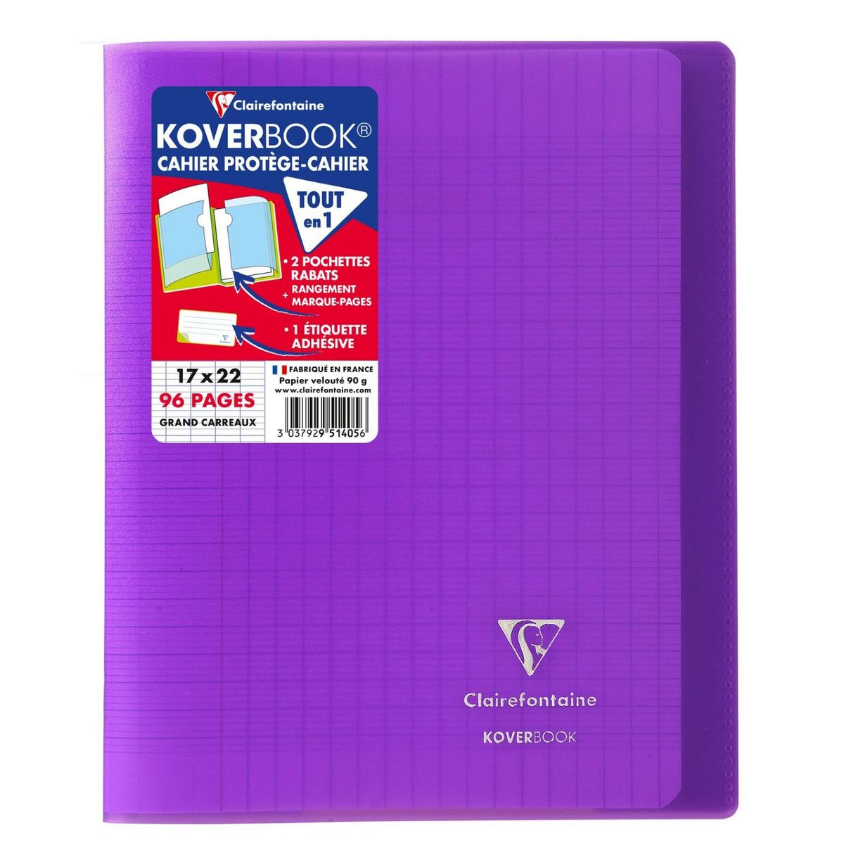 CLAIREFONTAINE Cahier piqué 17x22cm 96 pages grands carreaux Seyes - Violet