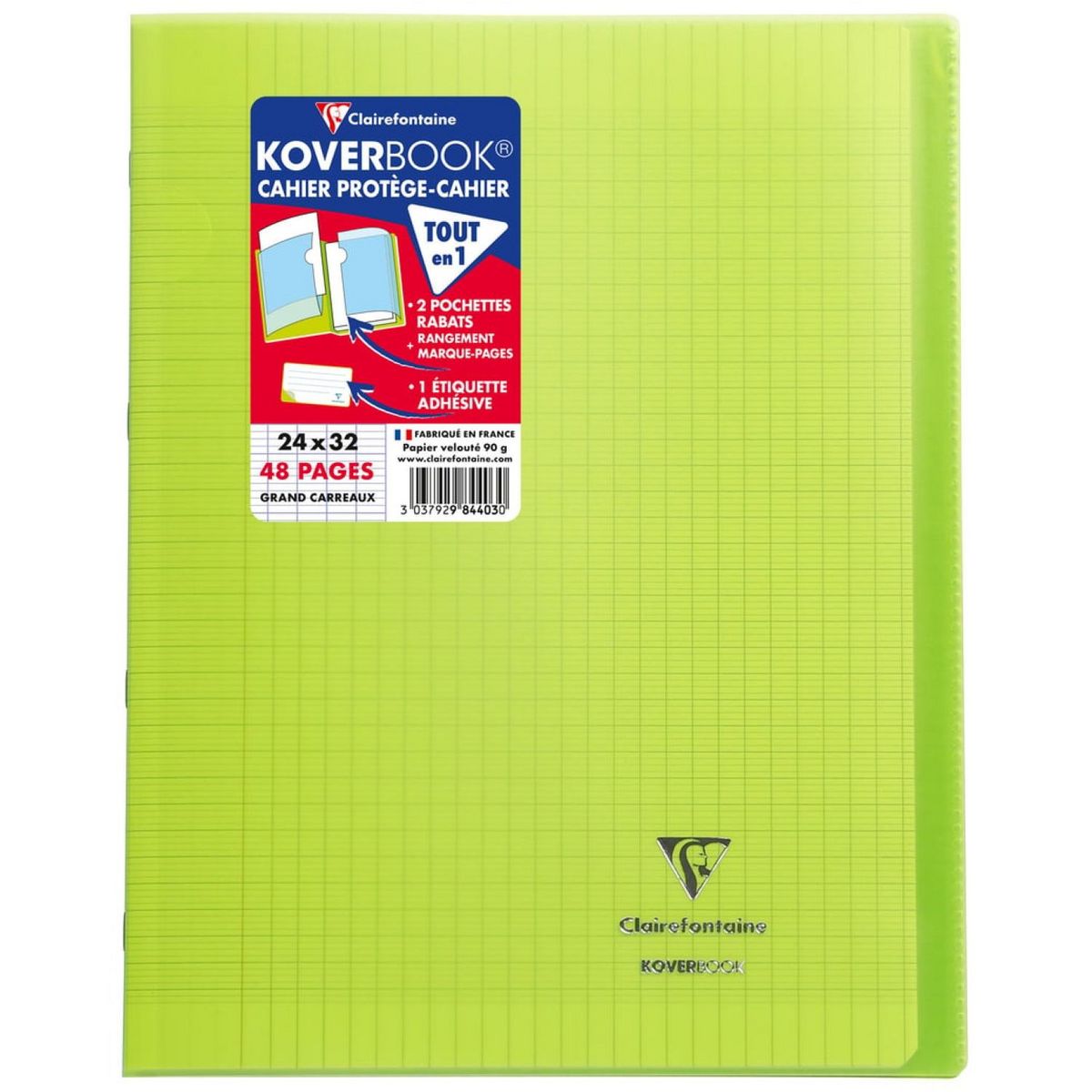 CLAIREFONTAINE Cahier piqué 24x32cm 48 pages grands carreaux Seyes - Vert