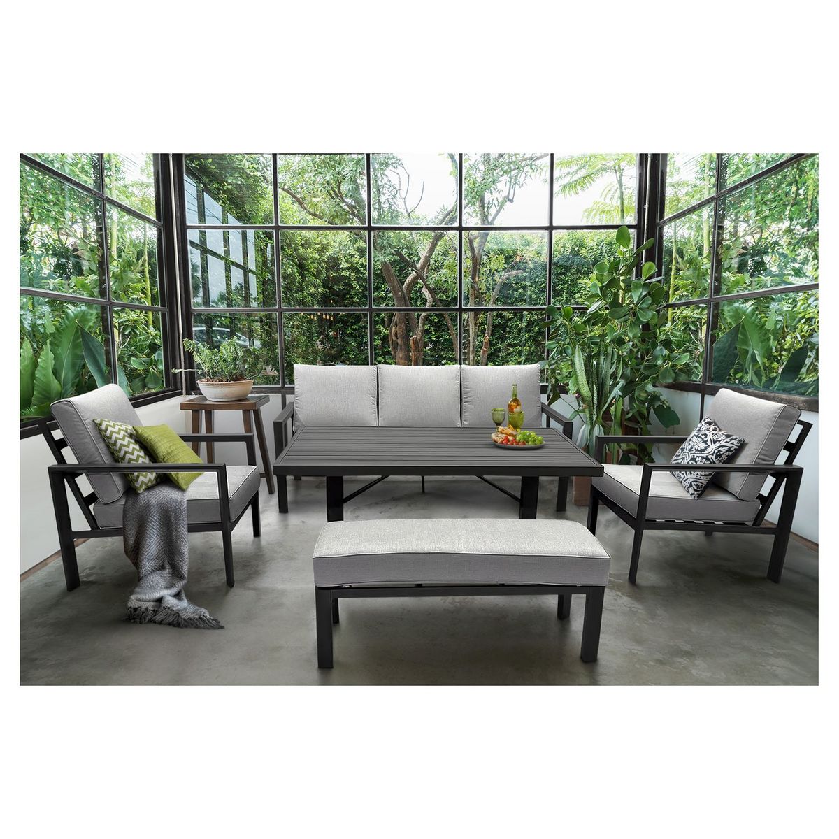 GIVEX Salon de jardin - 7 places - Aluminium - Gris - CHICAGO