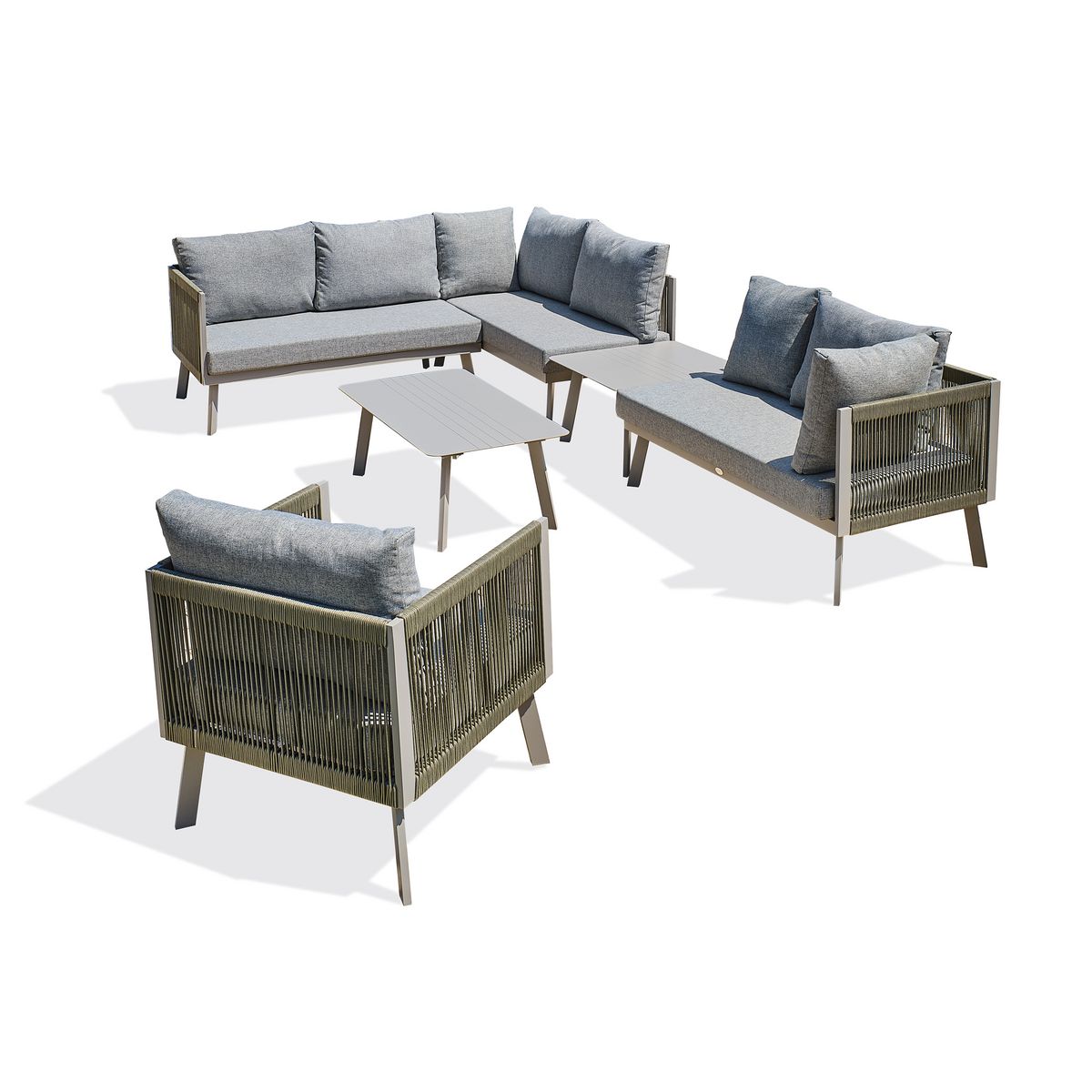 PARIS GARDEN Salon de jardin d'angle 7 places en aluminium et corde gris MANOSQUE