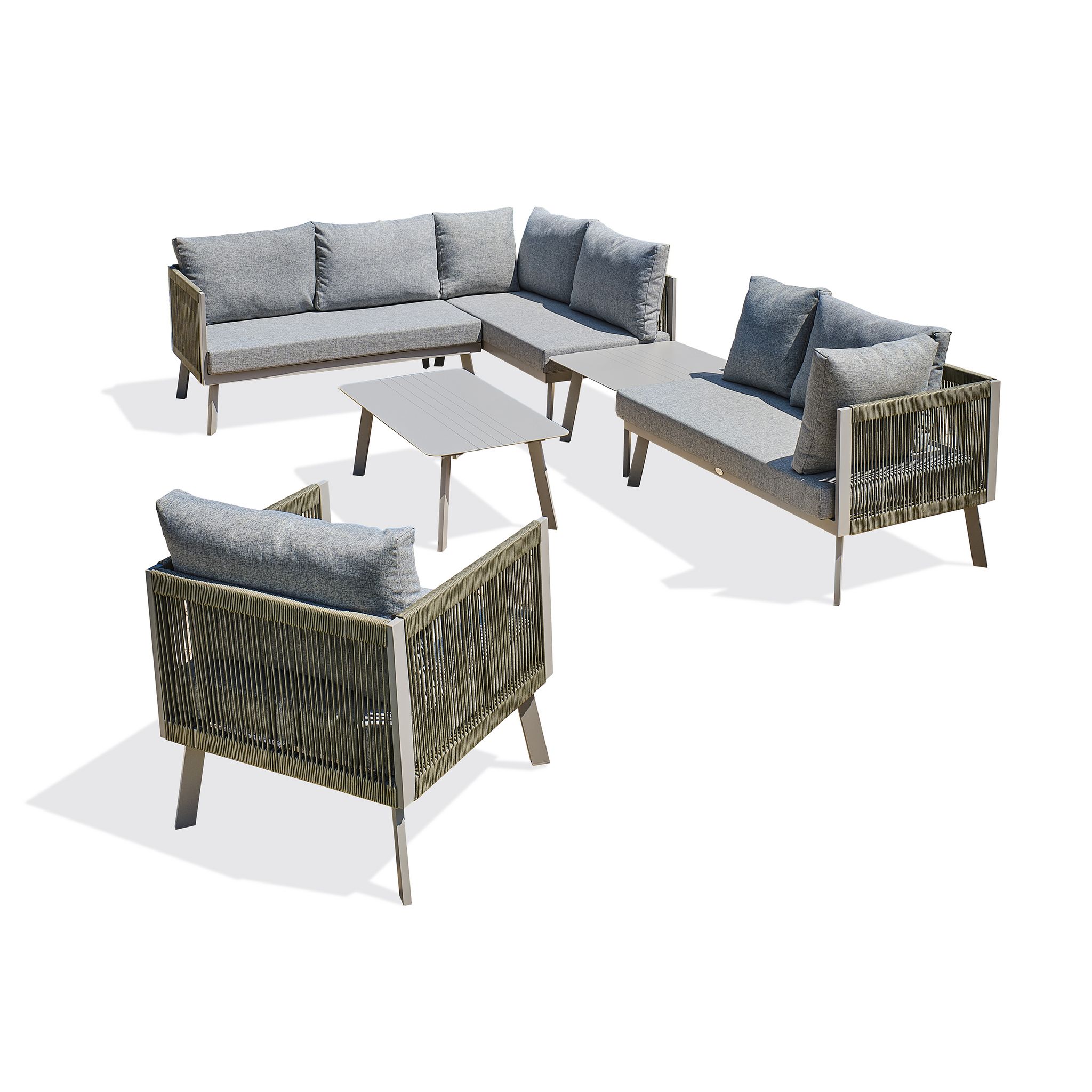 Voir la diapositive 3 : PARIS GARDEN Salon de jardin d'angle 7 places en aluminium et corde gris MANOSQUE