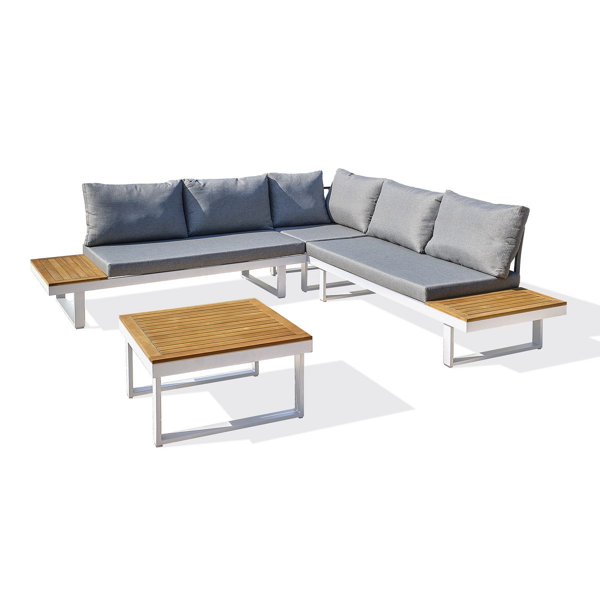 DCB GARDEN Salon de jardin 5 places bois d'acacia et aluminium blanc  MIYAKO