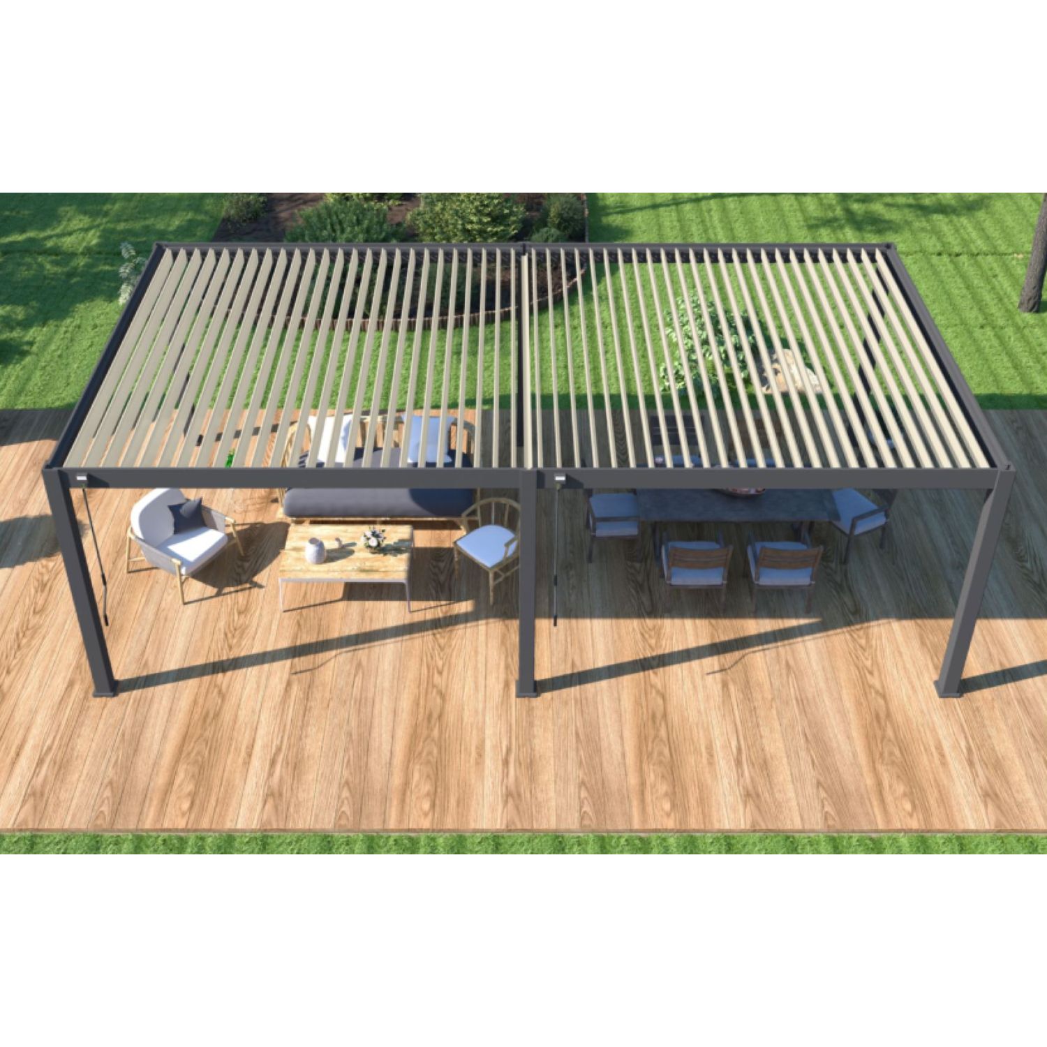 Voir la diapositive 3 : Pergola Bioclimatique autoportée (6 pieds) 4x8m anthracite/Blanc OMBREA®