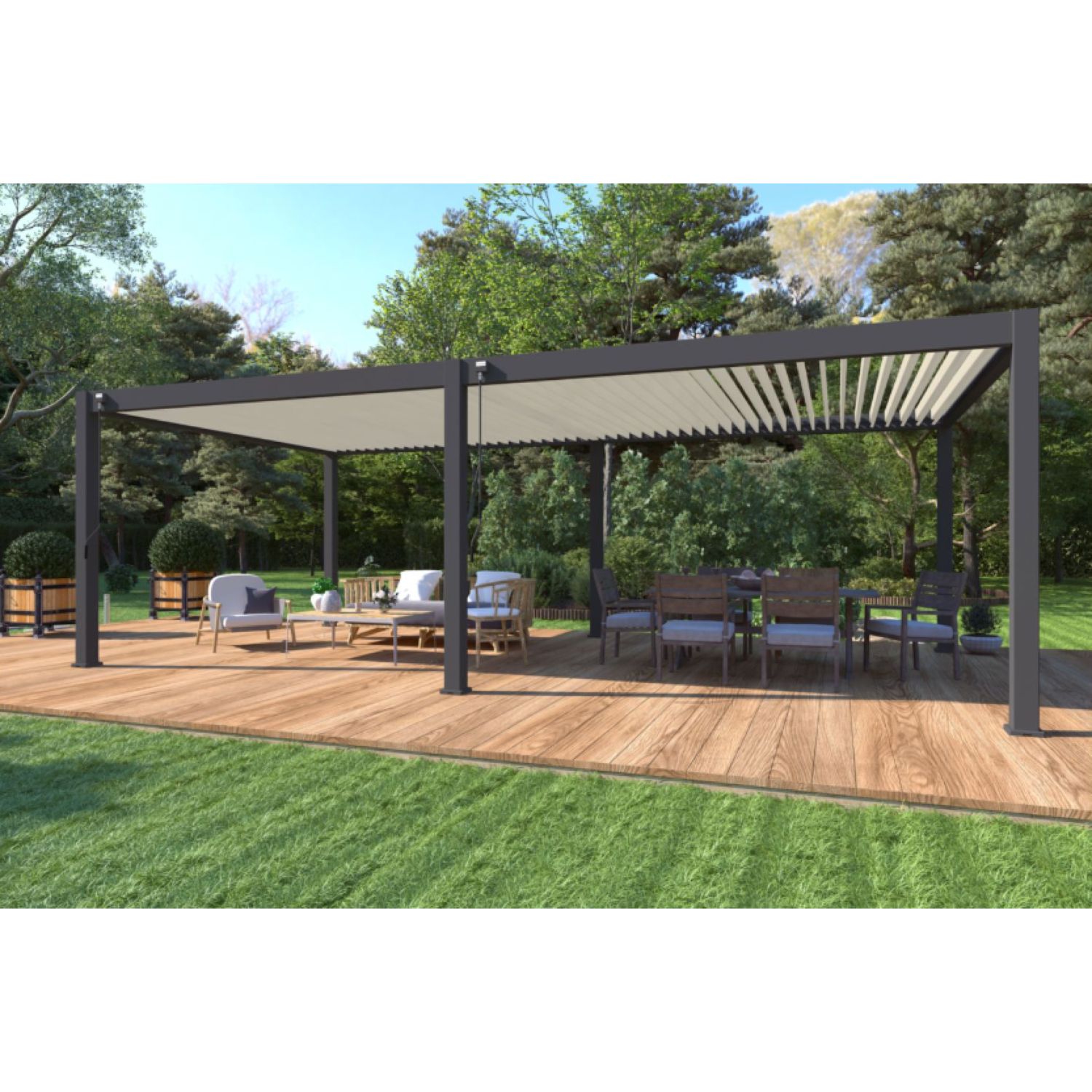 Voir la diapositive 2 : Pergola Bioclimatique autoportée (6 pieds) 4x8m anthracite/Blanc OMBREA®