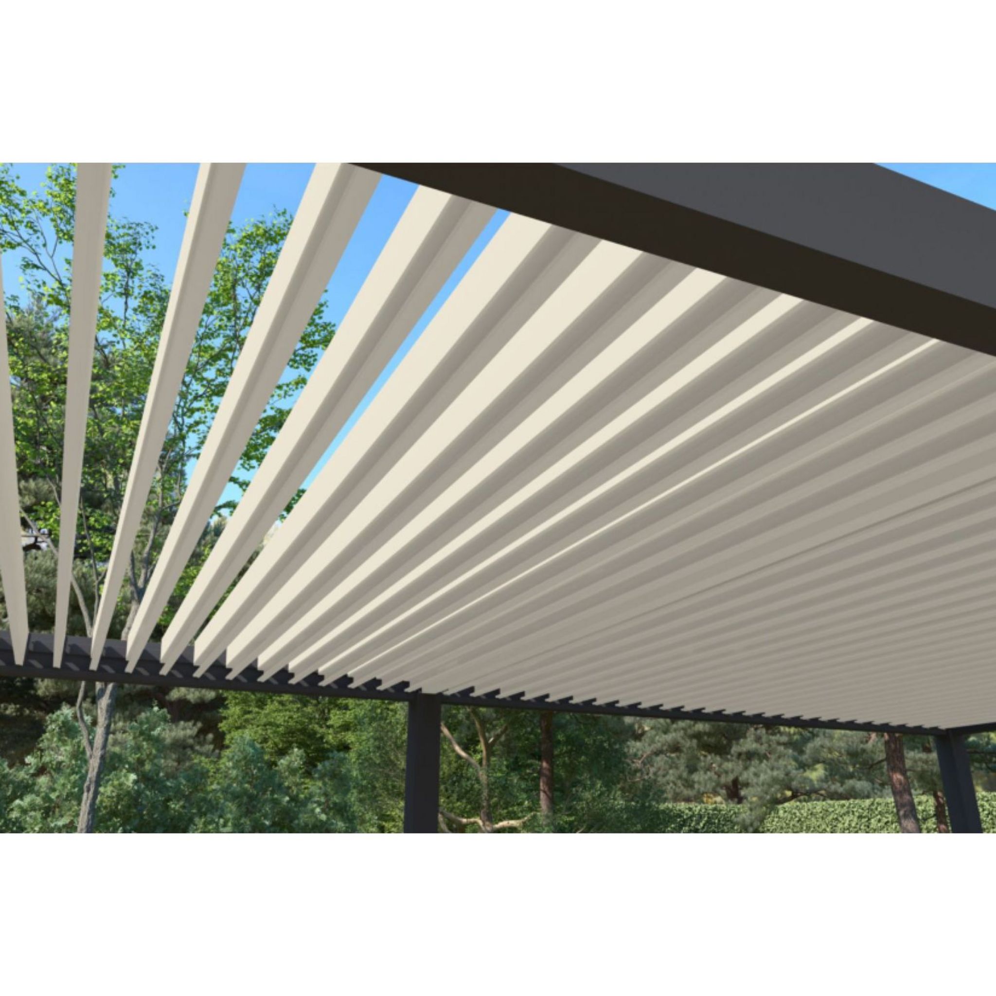Voir la diapositive 7 : Pergola Bioclimatique autoportée (6 pieds) 4x8m anthracite/Blanc OMBREA®