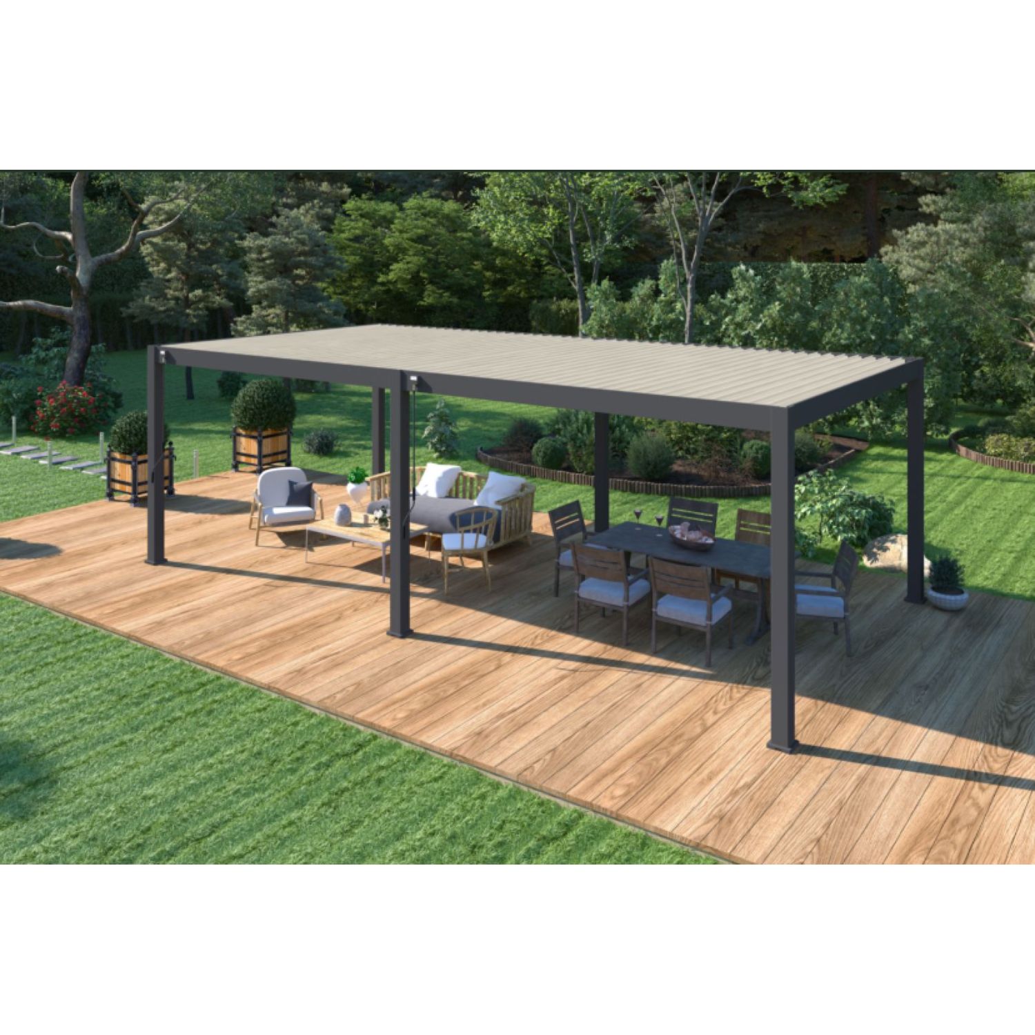 Voir la diapositive 5 : Pergola Bioclimatique autoportée (6 pieds) 4x8m anthracite/Blanc OMBREA®