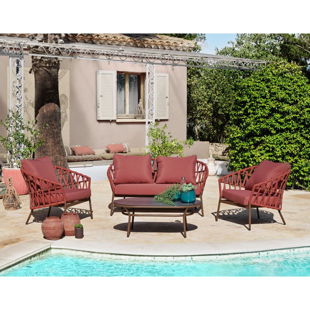 GARDENSTAR salon de jardin - 4 places - Aluminium et corde - Tanin