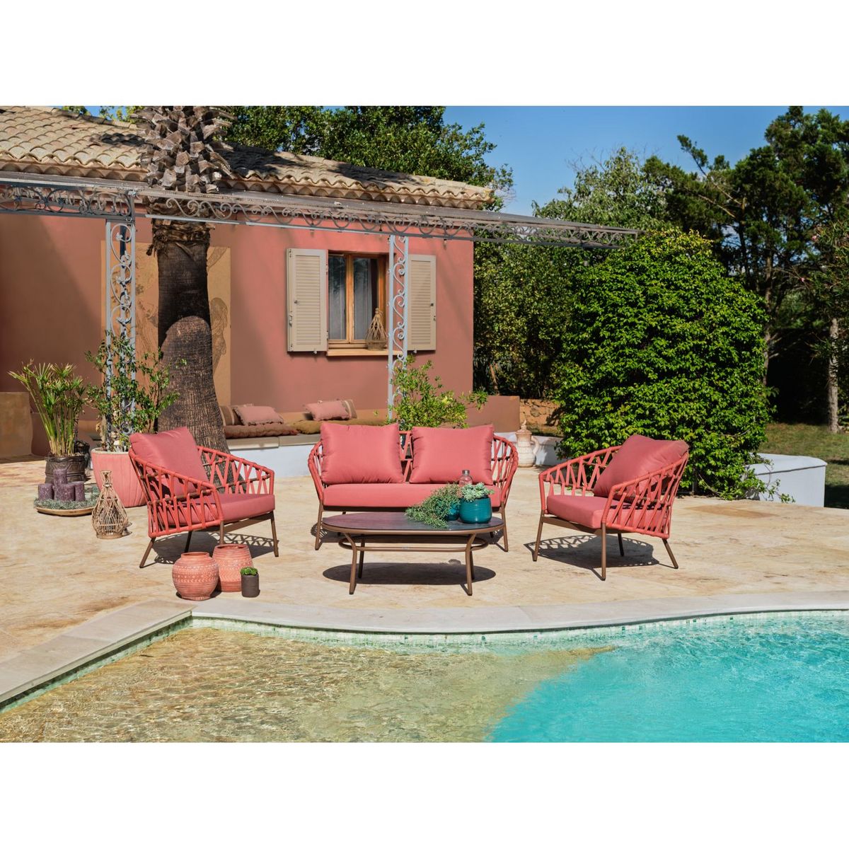 GARDENSTAR salon de jardin - 4 places - Aluminium et corde - Tanin