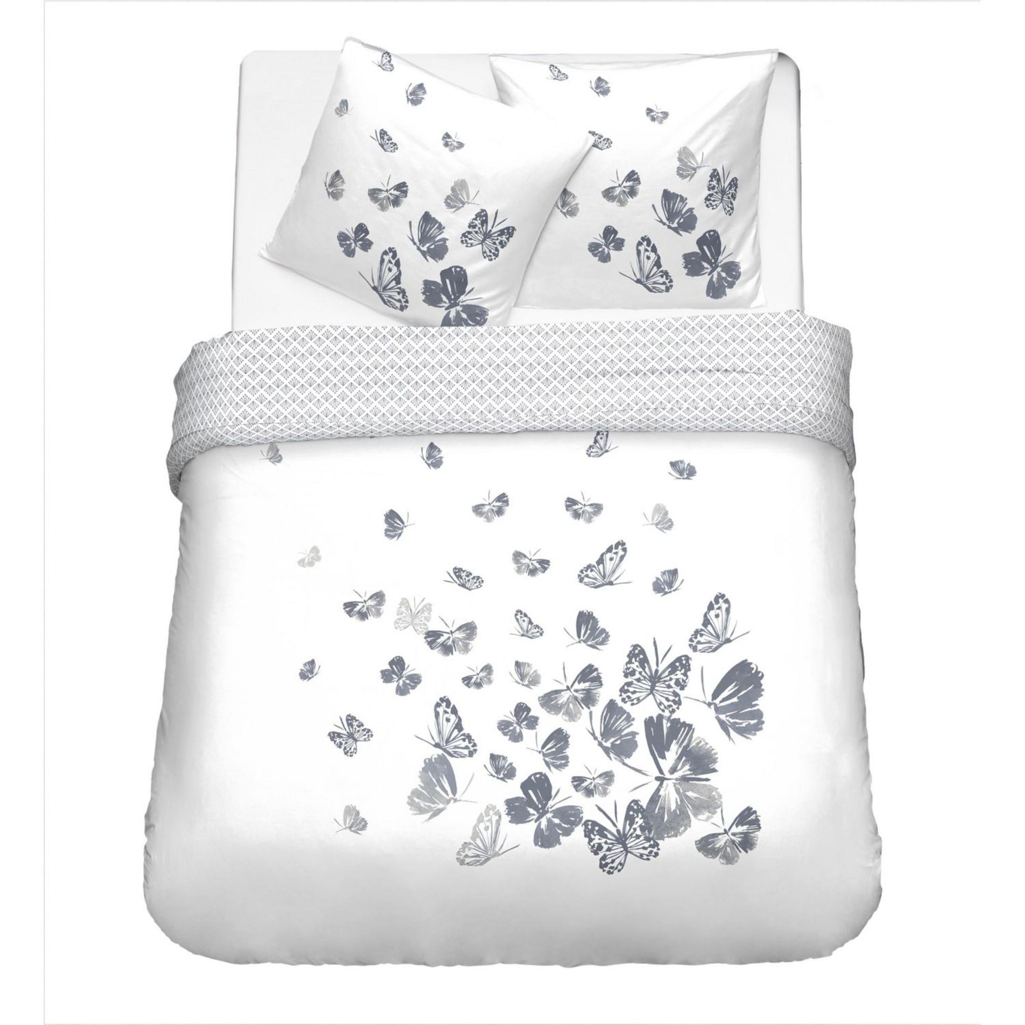 Voir la diapositive 2 : Parure housse de couette en coton 57 fils motif papillon ENVOLÉE