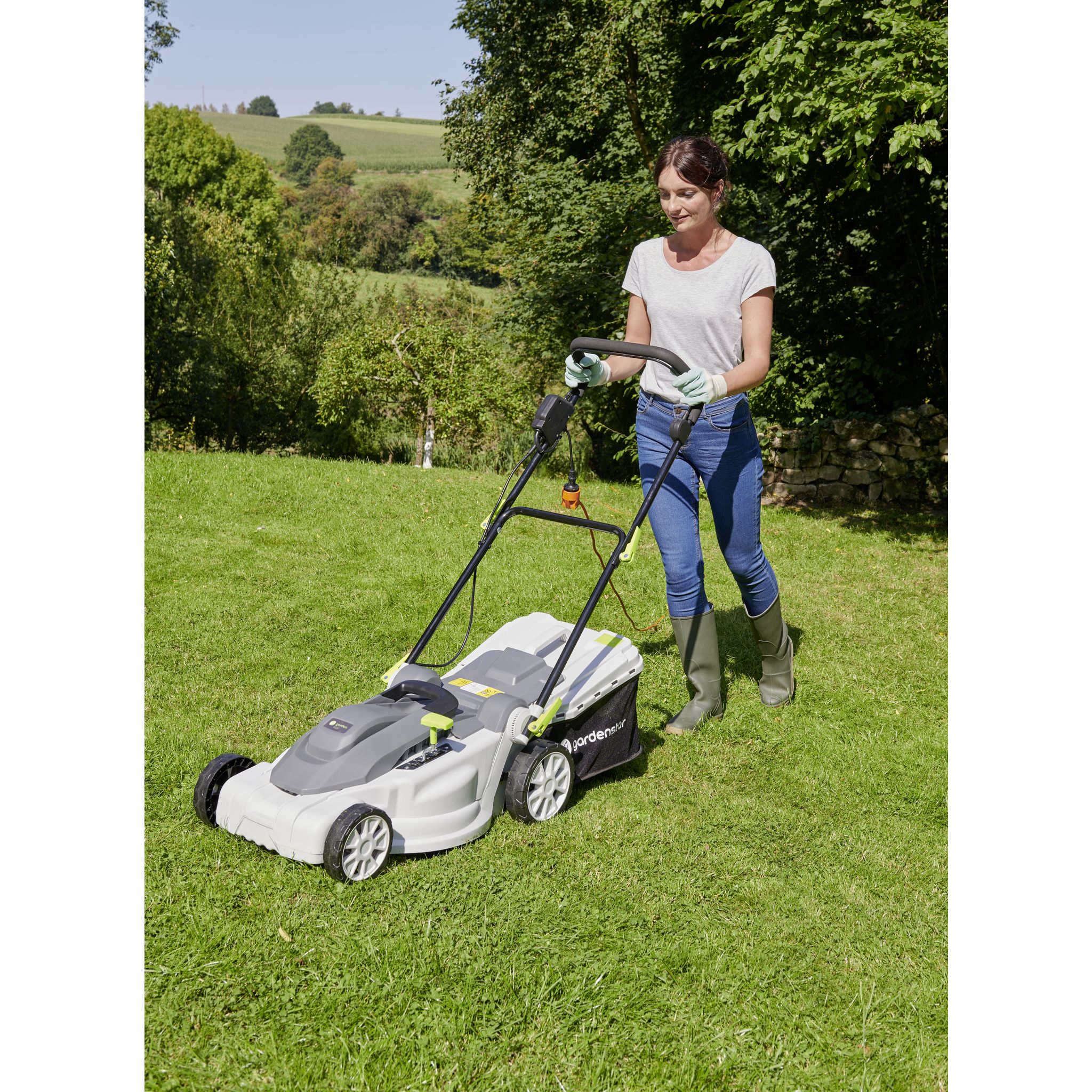 Voir la diapositive 5 : GARDENSTAR Tondeuse à gazon électrique - 2000W - 42cm - Mulching avec bac rigide - Gris