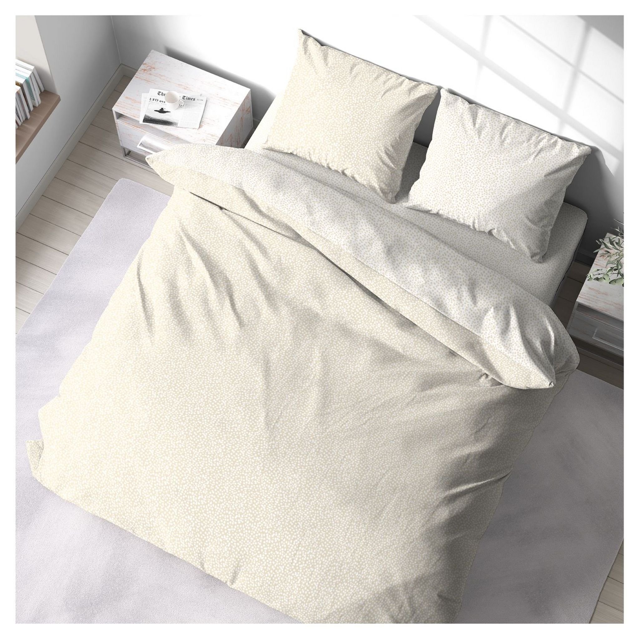 Parure housse de couette en coton 65 fils motif tacheté EVA. Coloris disponibles : Beige