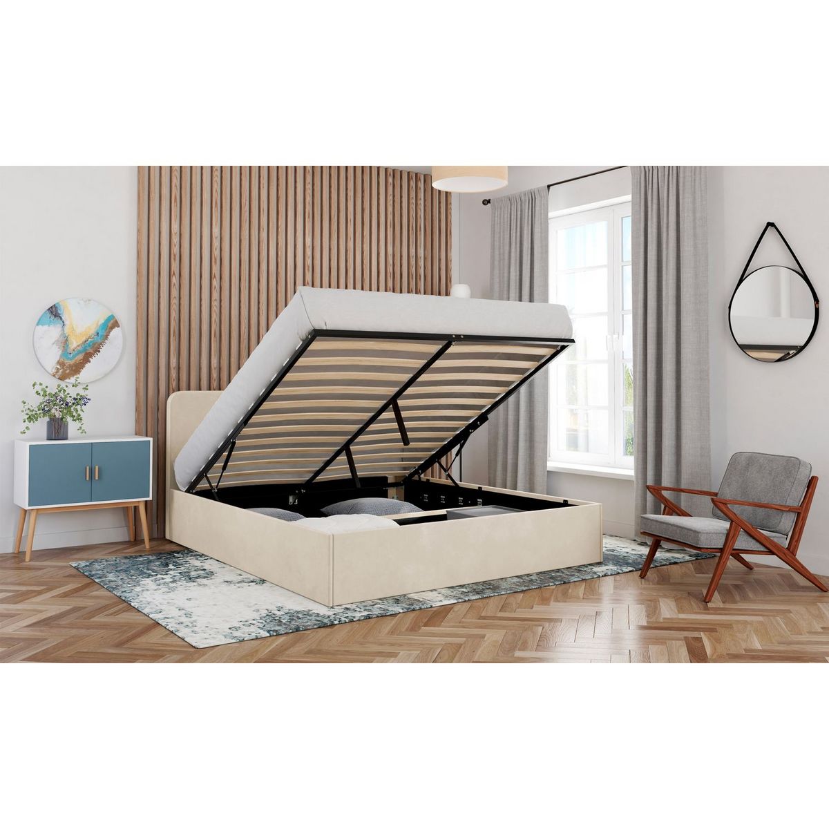 Lit coffre velours avec sommier relevable 160x200 cm AMBRE