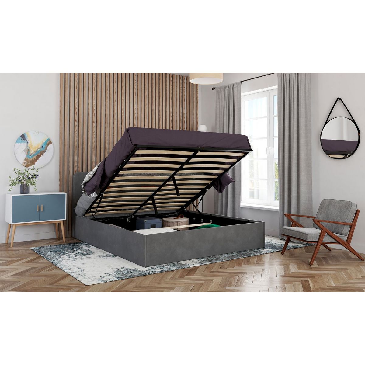 Lit coffre velours avec sommier relevable 160x200 cm AMBRE