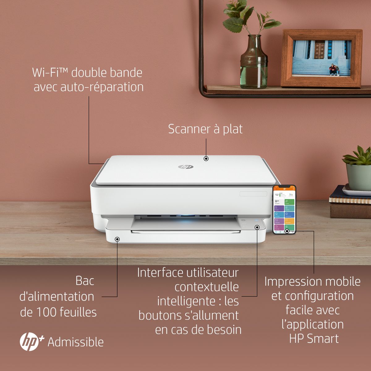HP Envy 6030e Imprimante tout-en-un Jet d'encre couleur - 3 mois d' Instant ink inclus avec HP+ ( A4 Copie Scan Recto verso Wifi )
