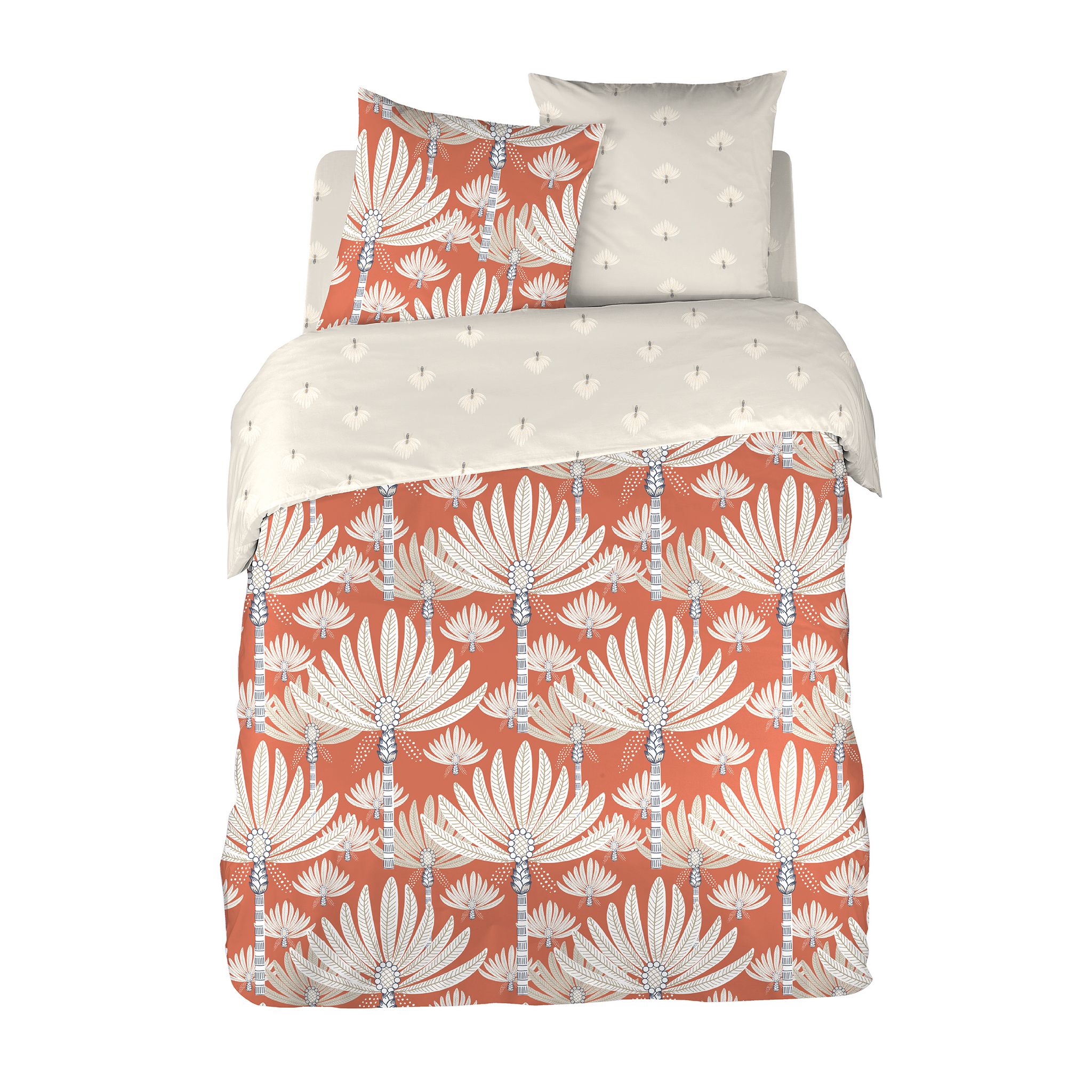 Parure housse de couette en coton 65 fils motif palmier. Coloris disponibles : Orange