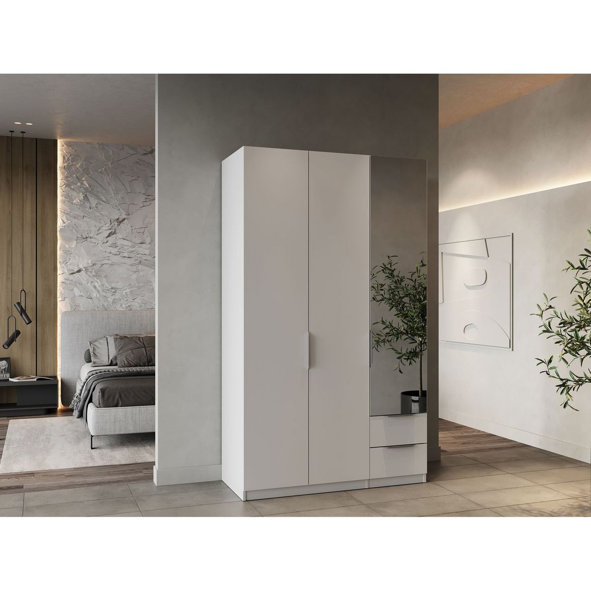 Armoire 3 portes 2 tiroirs 1 miroir L119 cm THIBAULT