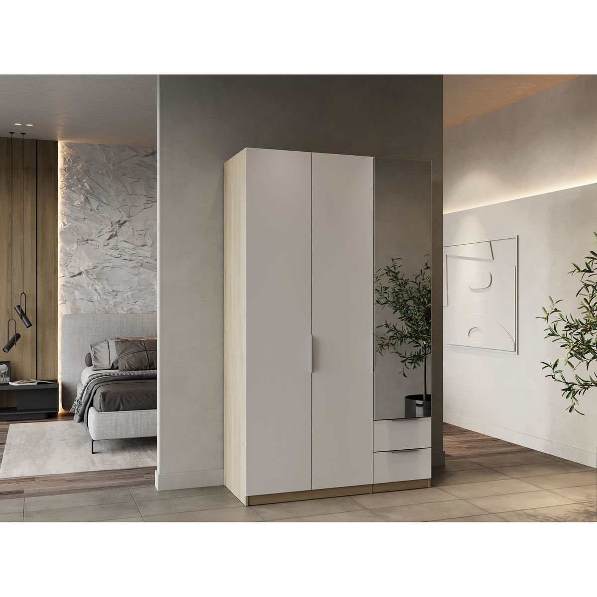 Armoire 3 portes 2 tiroirs 1 miroir L119 cm THIBAULT