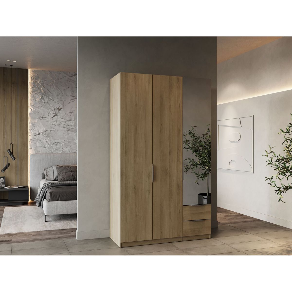 Armoire 3 portes 2 tiroirs 1 miroir L119 cm THIBAULT
