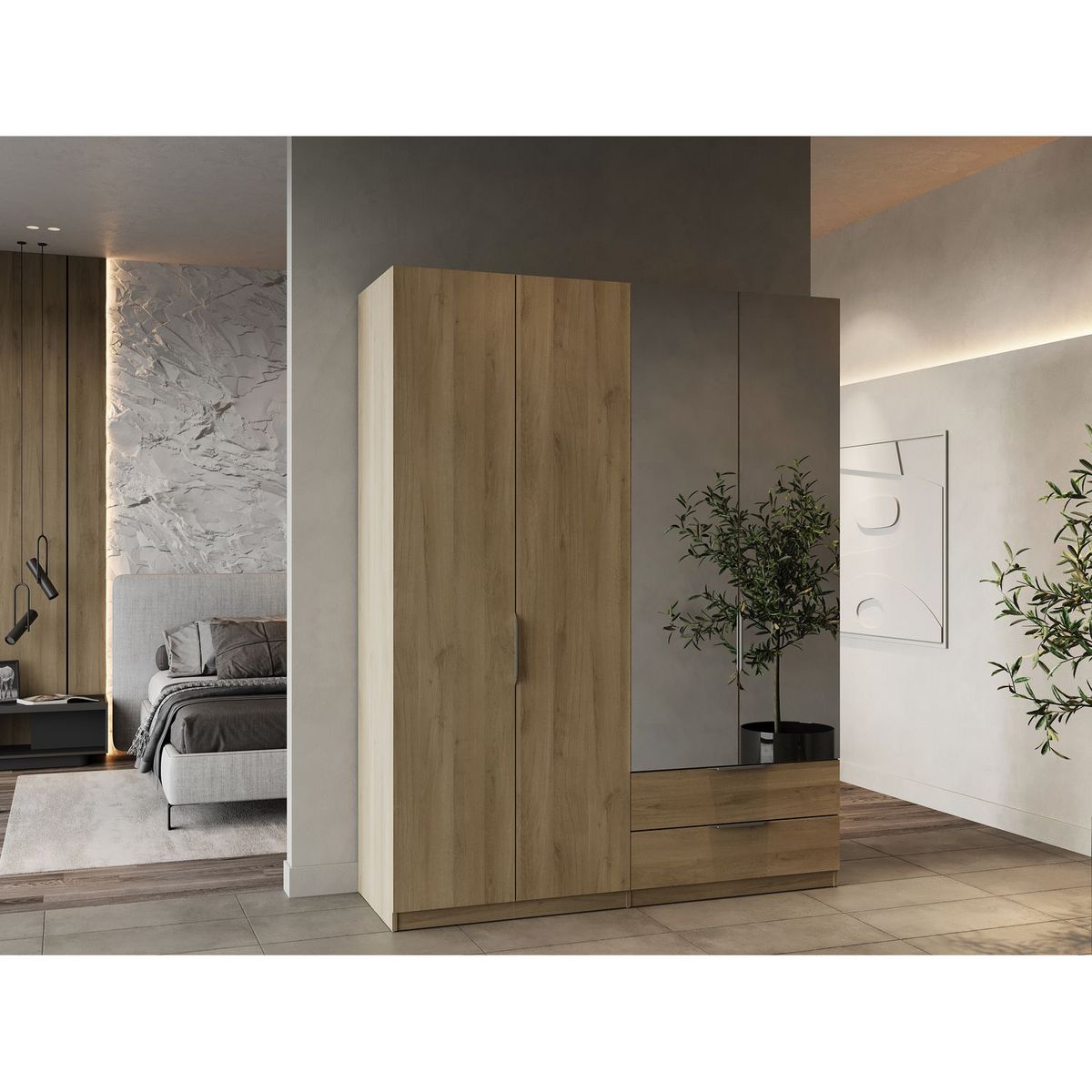 Armoire 4 portes 2 tiroirs 2 miroirs L157 cm THIBAULT