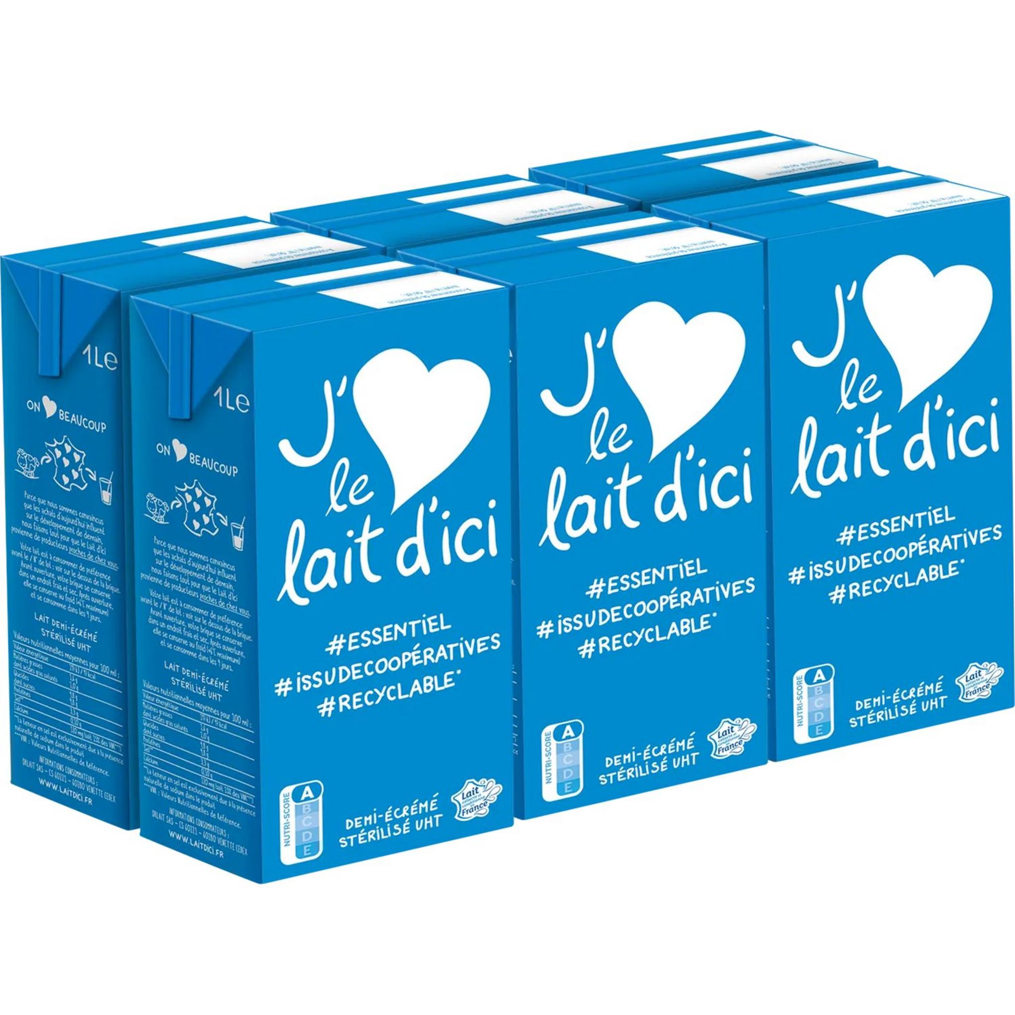 J'AIME LE LAIT D'ICI Lait demi-écrémé stérilisé UHT 6x1l