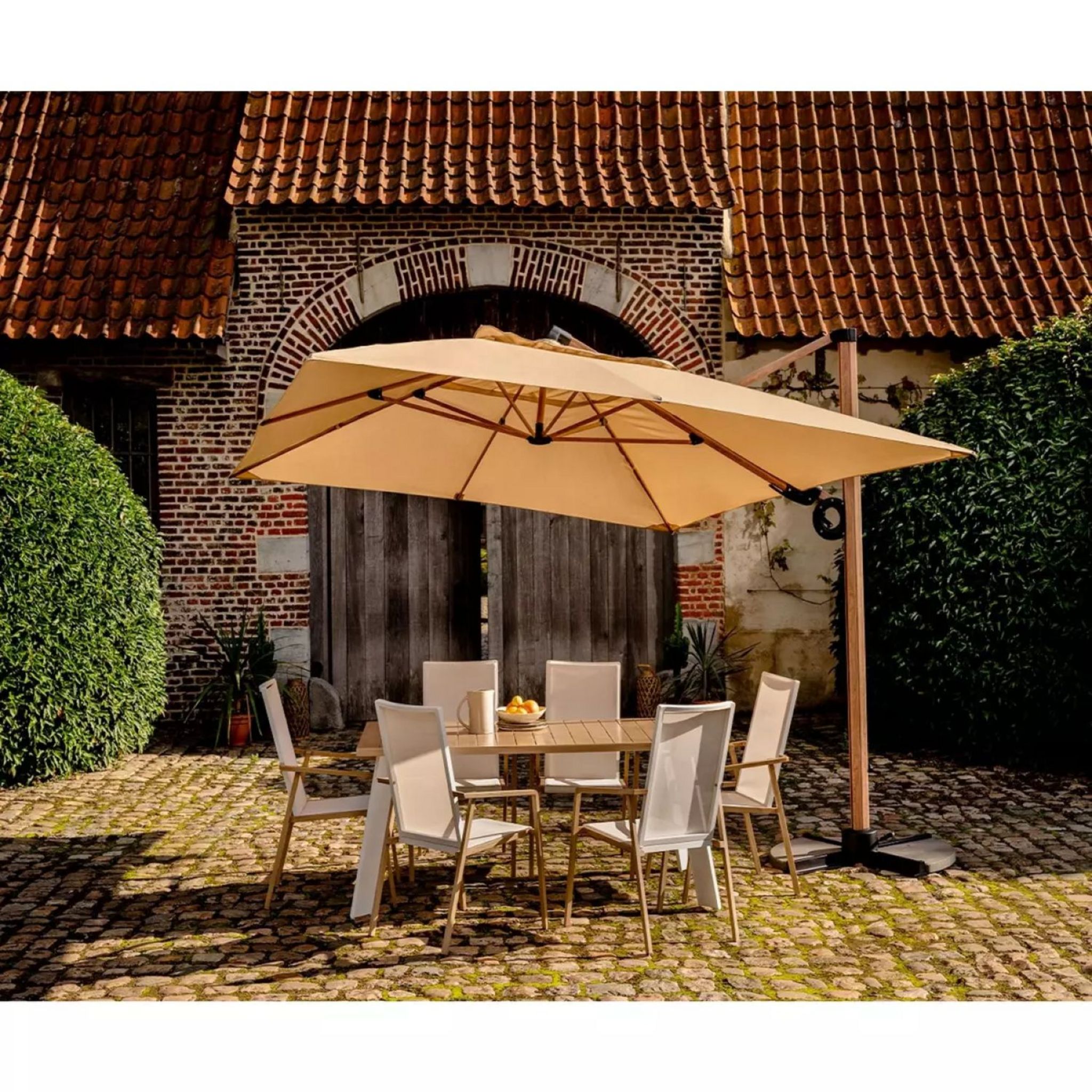 Voir la diapositive 1 : GARDENSTAR Parasol déporté en aluminium effet bois à toile rectangulaire 3x4 m