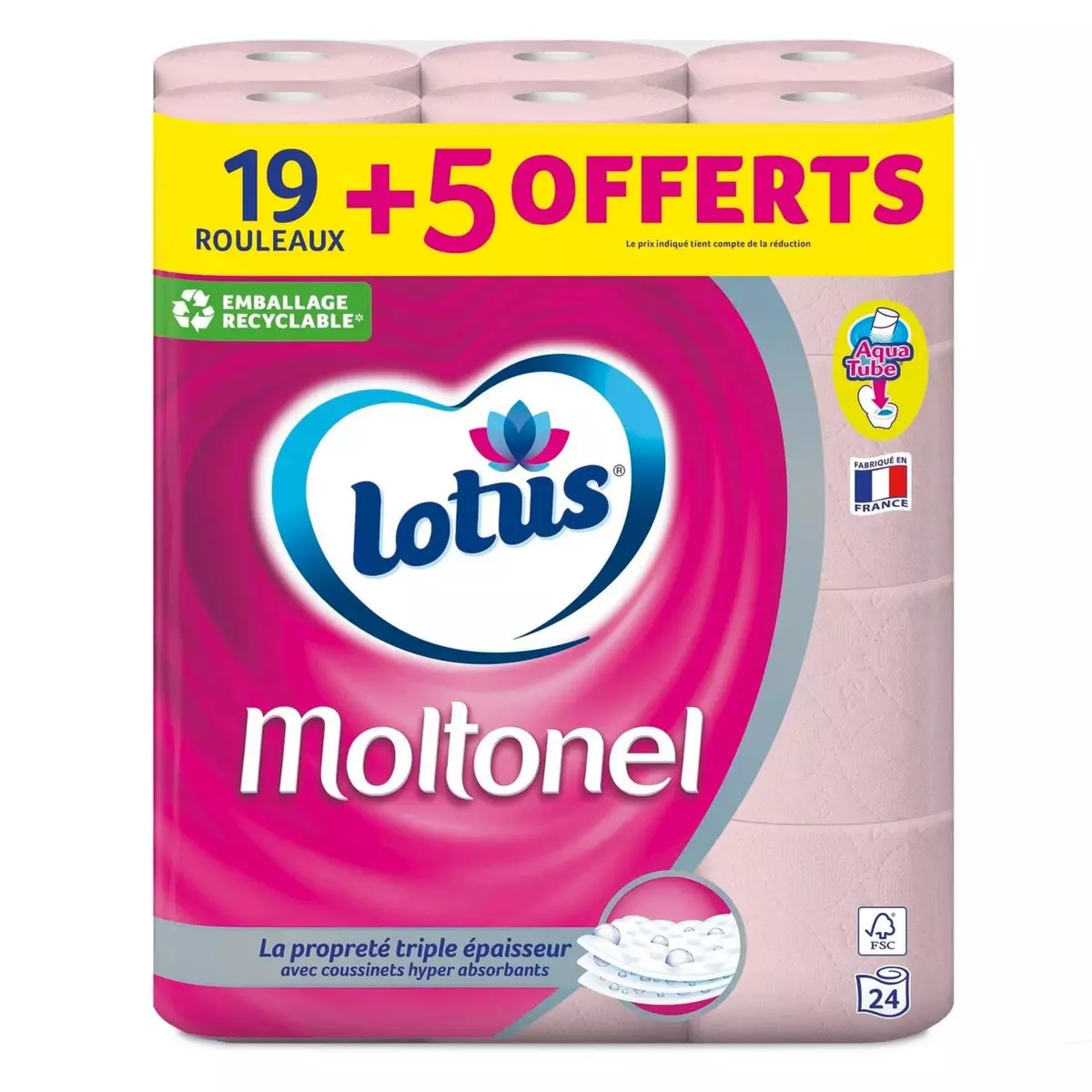LOTUS Moltonel Rouleaux papiers toilette triple épaisseur aqua tube 19 rouleaux + 5 offerts