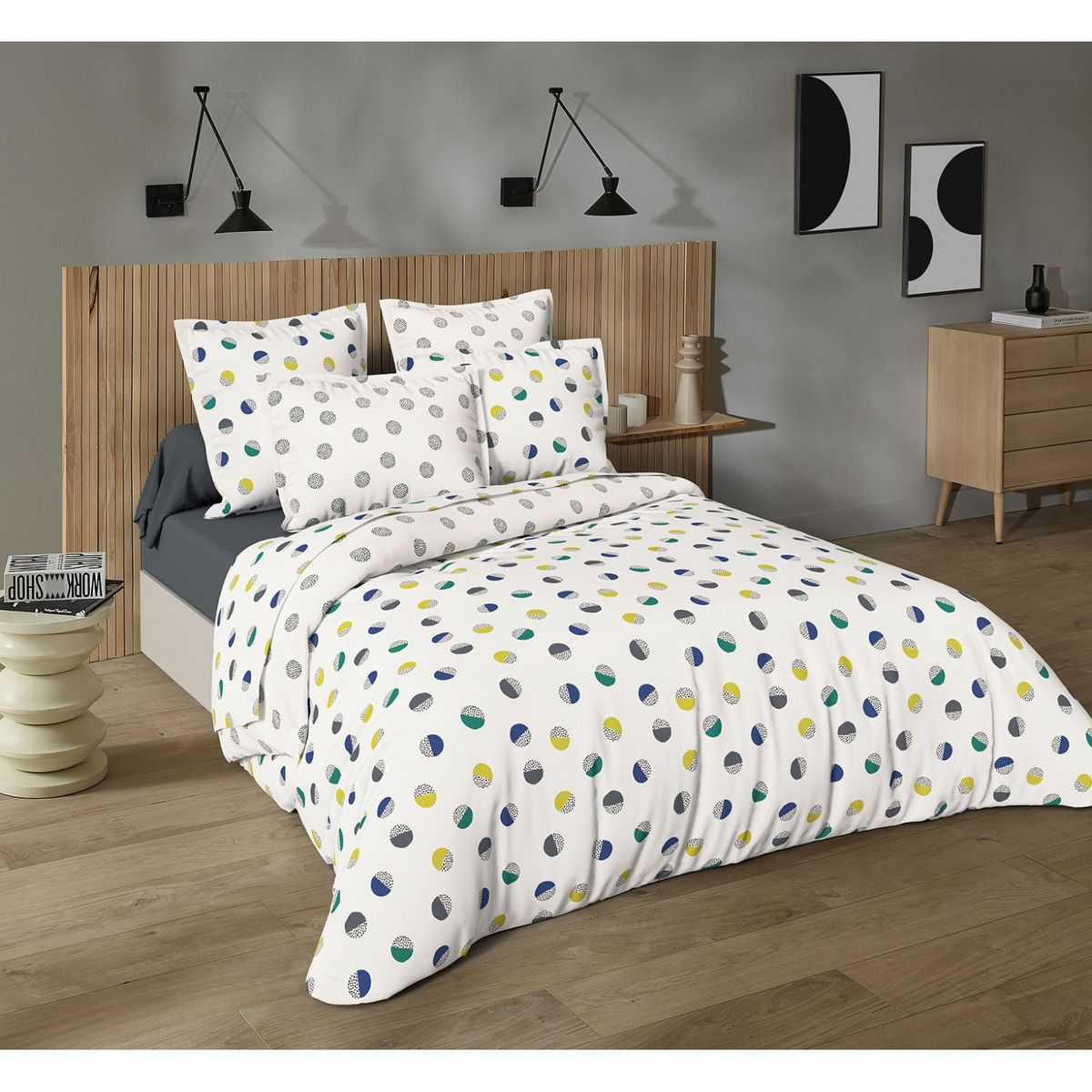 ACTUEL Parure housse de couette en coton 57 fils motif pois ANAIS