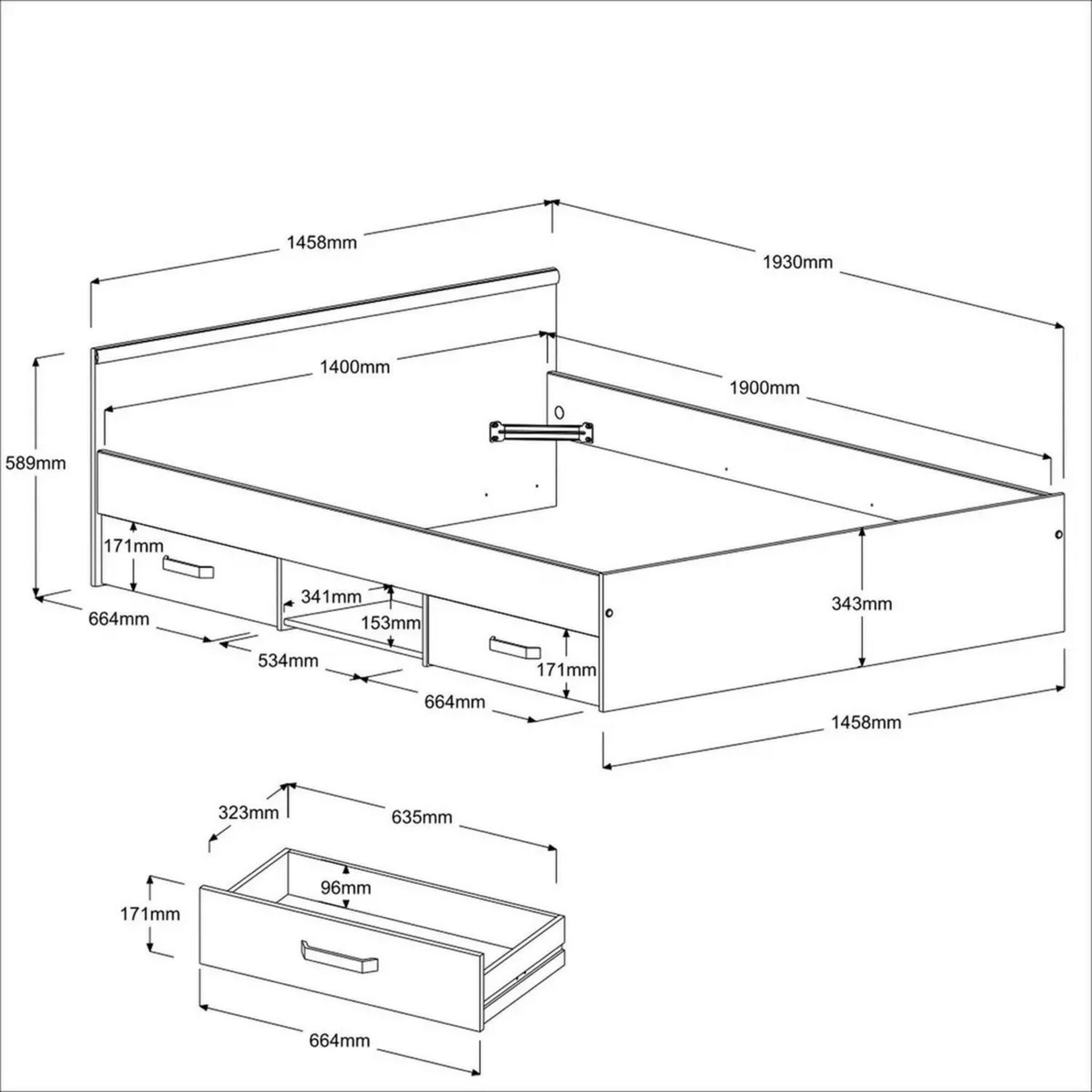 Voir la diapositive 2 : Lit double avec tête de lit et rangements 140X190 cm DOWNTON