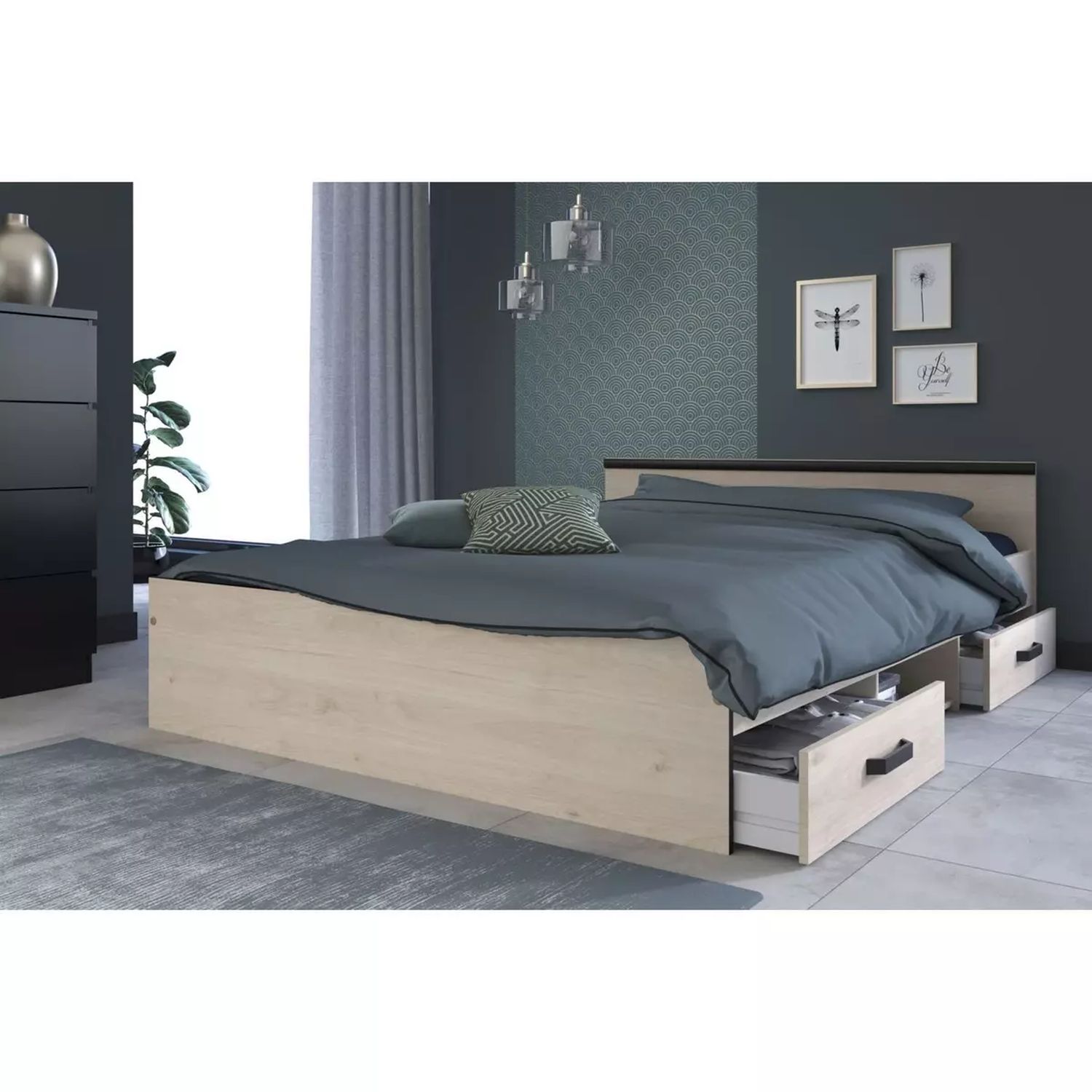 Voir la diapositive 8 : Lit double avec tête de lit et rangements 140X190 cm DOWNTON