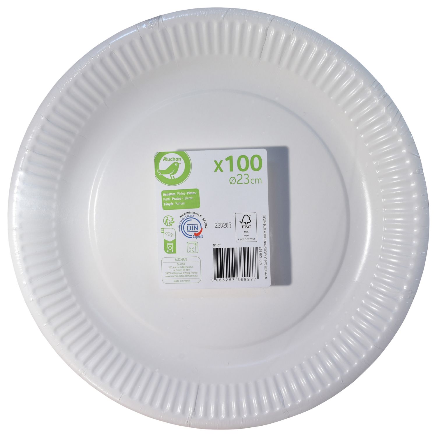 AUCHAN ESSENTIEL Lot de 100 assiettes en carton rond Ø 23 cm - Blanc
