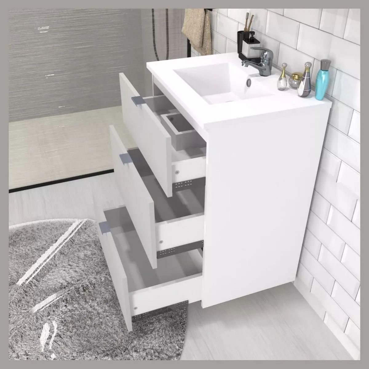 Meuble de salle de bain sous vasque avec vasque encastrée 3 tiroirs, 90cm FARO blanc