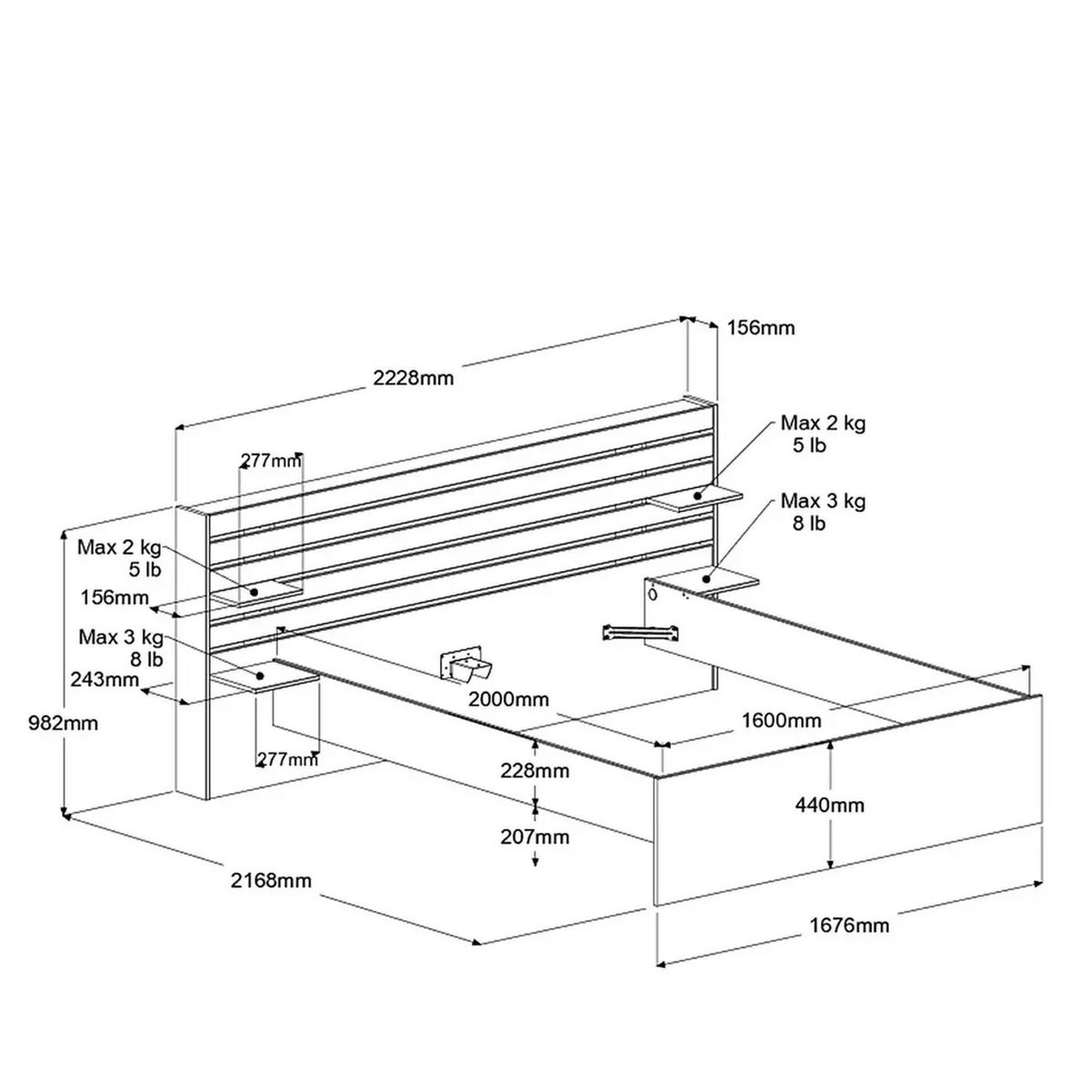 Lit double adulte avec tête de lit 160x200cm PIA