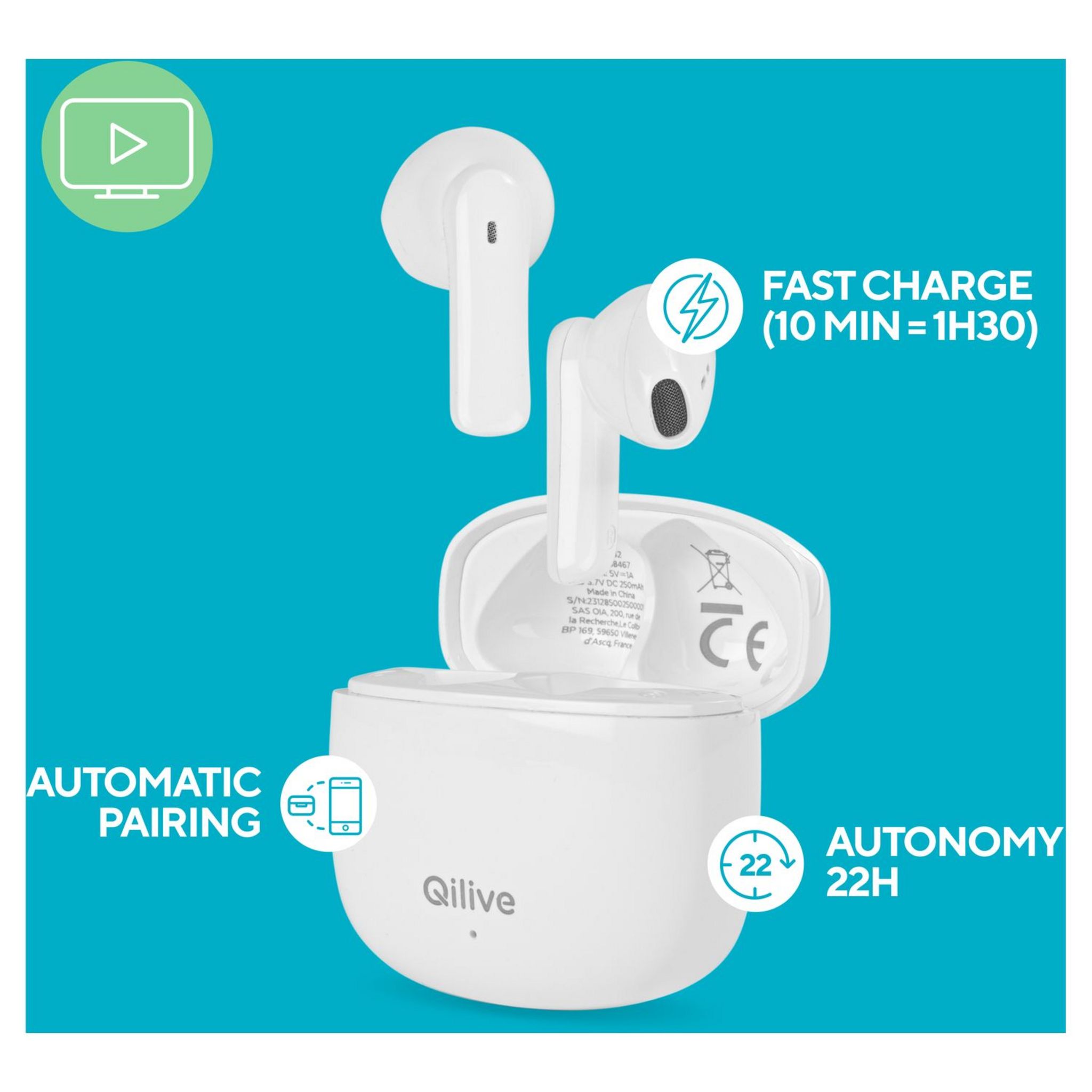 Voir la diapositive 7 : QILIVE Écouteurs Q1242 TWS - Blanc