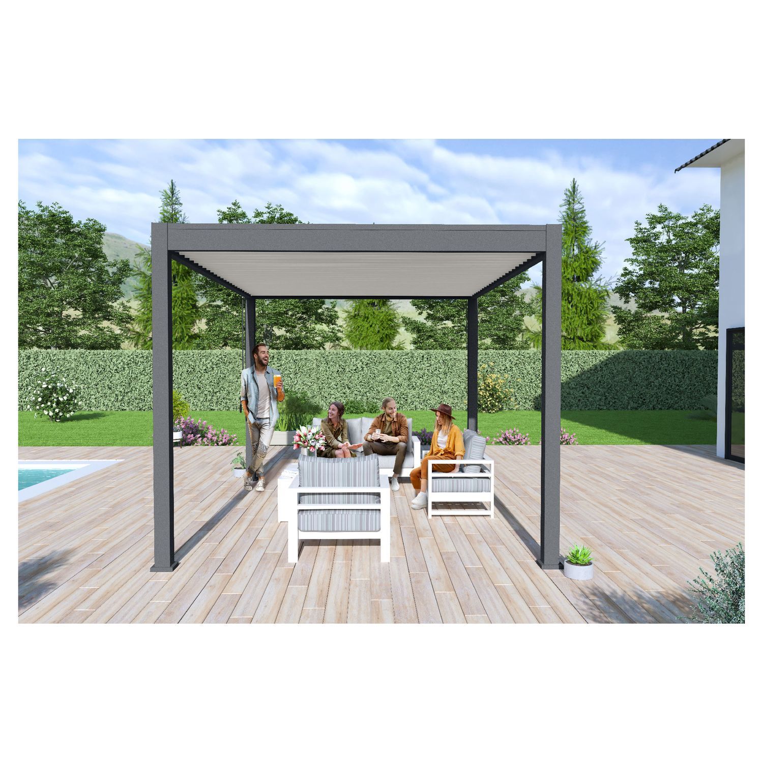Voir la diapositive 2 : Pergola bioclimatique autoportante 3x4m Anthracite/blanc - OMBREA