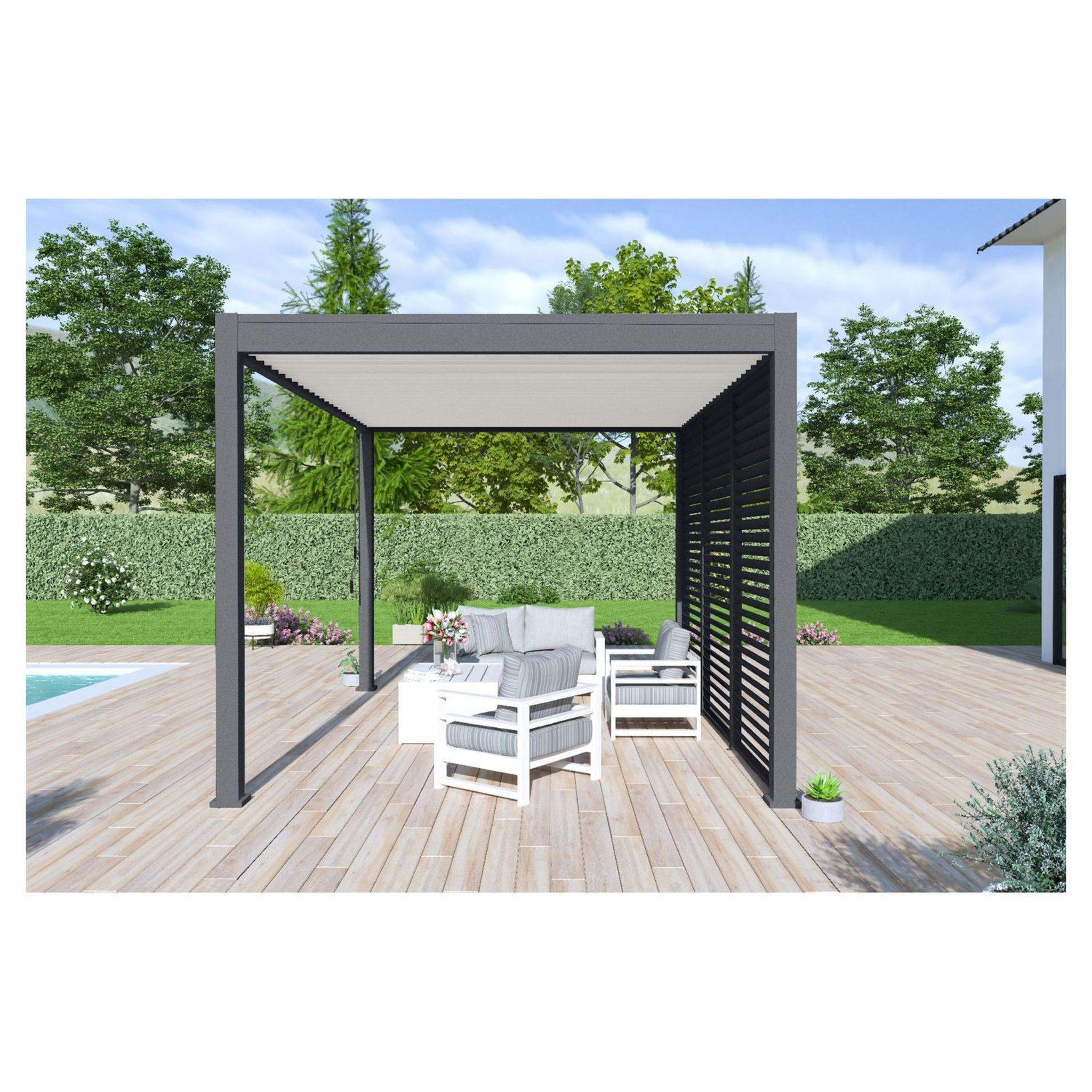 Voir la diapositive 3 : Pergola bioclimatique autoportante 3x4m Anthracite/blanc - OMBREA